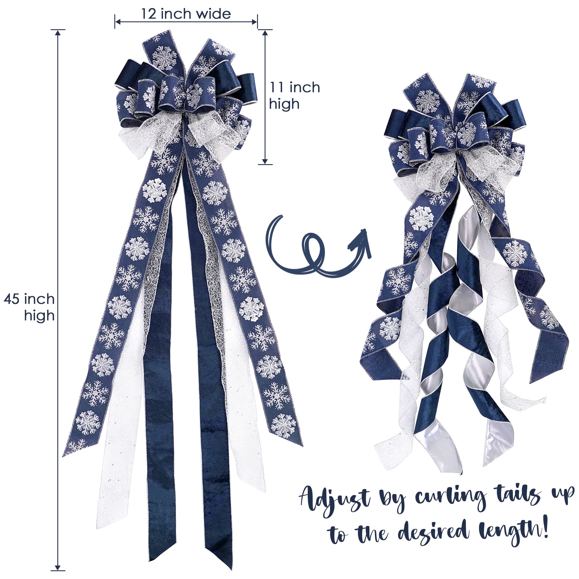 MEEDEE Navy Blue Tree Topper Navy Blue Christmas Tree Topper Bow 12 inch Wide Navy Blue Silver Glitter Yule Tree Wreath Bow Chri