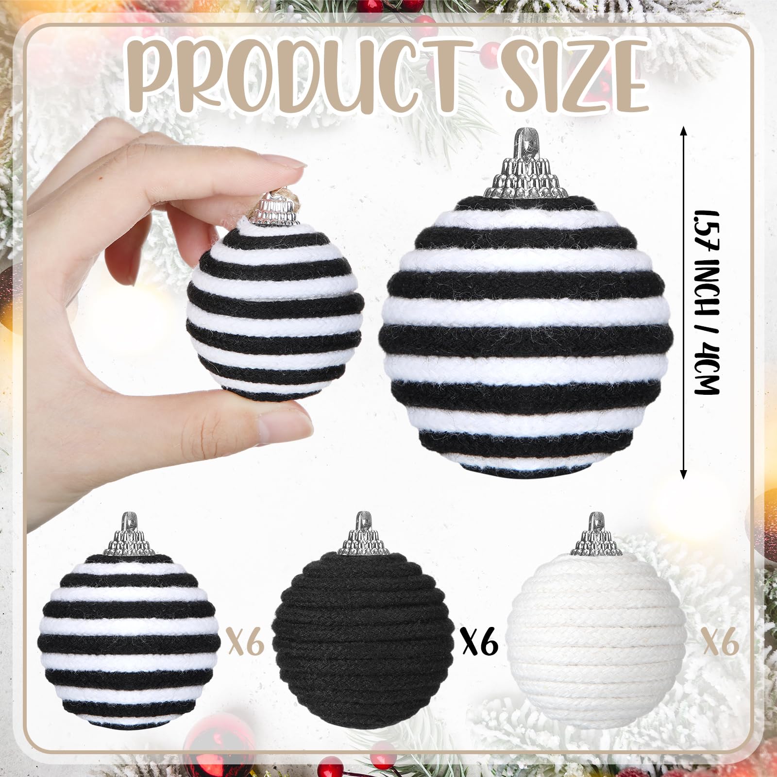 Syhood 18 Pcs 1.57 Inch Mini Christmas Black White Ball Ornaments Boho Farmhouse Jute Rope Hanging Balls Burlap Neutral Rustic O