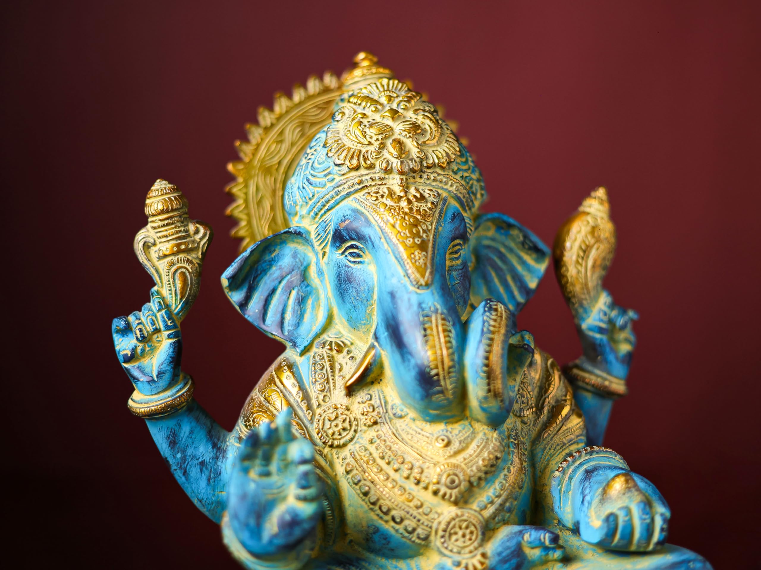 Brass Ganesha Statue With Mosaic, 29 Cm Brass Blue Golden Finish Ganesh Statue, Ganpati Idol, Good Luck Gift For New Beginnings,