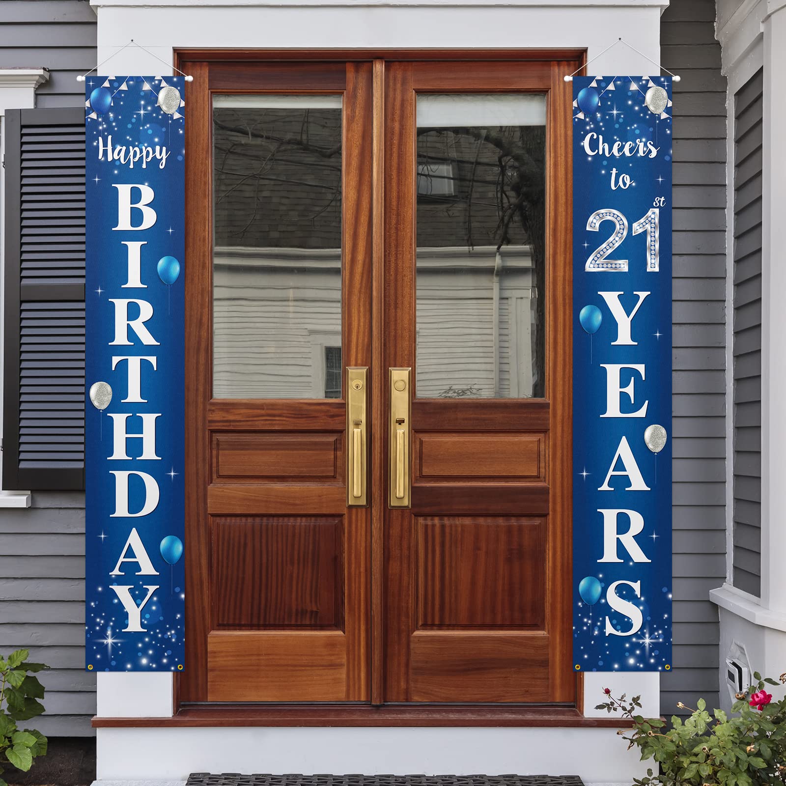 Happy 21St Birthday Yard Sign Door Banner - Cheers To 21 Years Birthday Party Decorations Supplies For Men Women - Blue