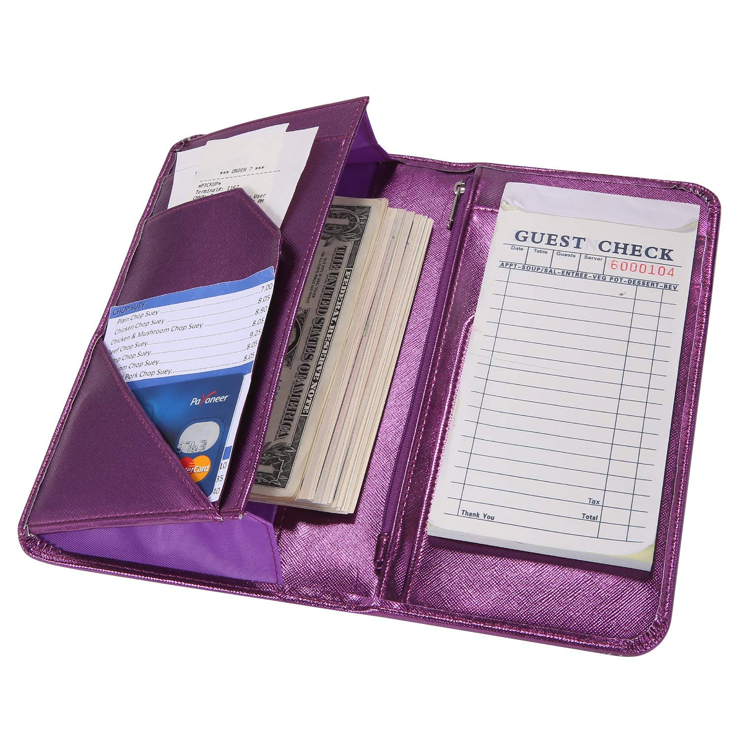 Mymazn 4.7 X 9 Metallic Purple Server Book with Zipper Pocket Bling Waitress Book with Money Pocket and Magnetic Closure  Restaurant Waitstaff Organizer Fit Server Apron with High Volume Pocket