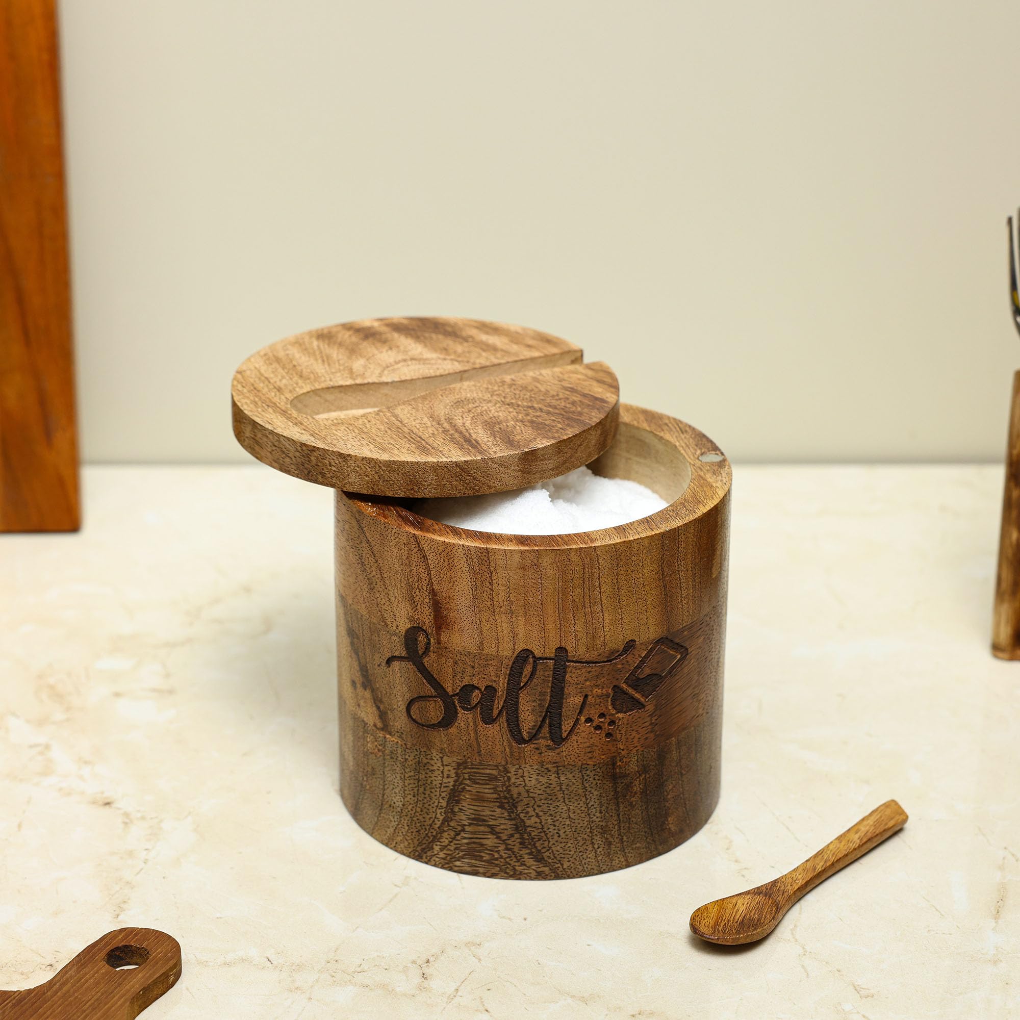 Dudki Wooden Salt Box With Magnetic Lid With Attached Spoon On Top| Round Salt Container| Bowl Pot Jar Salt Box | Mango Wood For