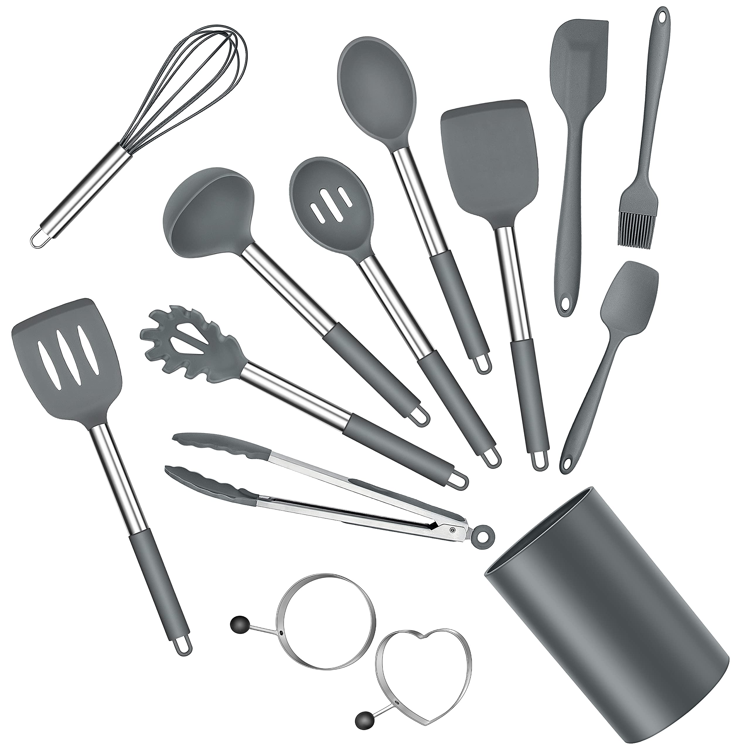 Silicone Cooking Utensils Set, E-Far 14-Piece Gray Kitchen Utensils Set With Holder, Kitchen Tools Spatulas With Stainless Steel
