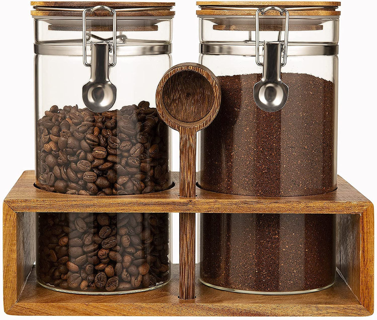 Yangbaga Glass Coffee Containers With Shelf, 2 X 45Oz Coffee Bean Canister Storage Station Organizer With Airtight Locking Clamp