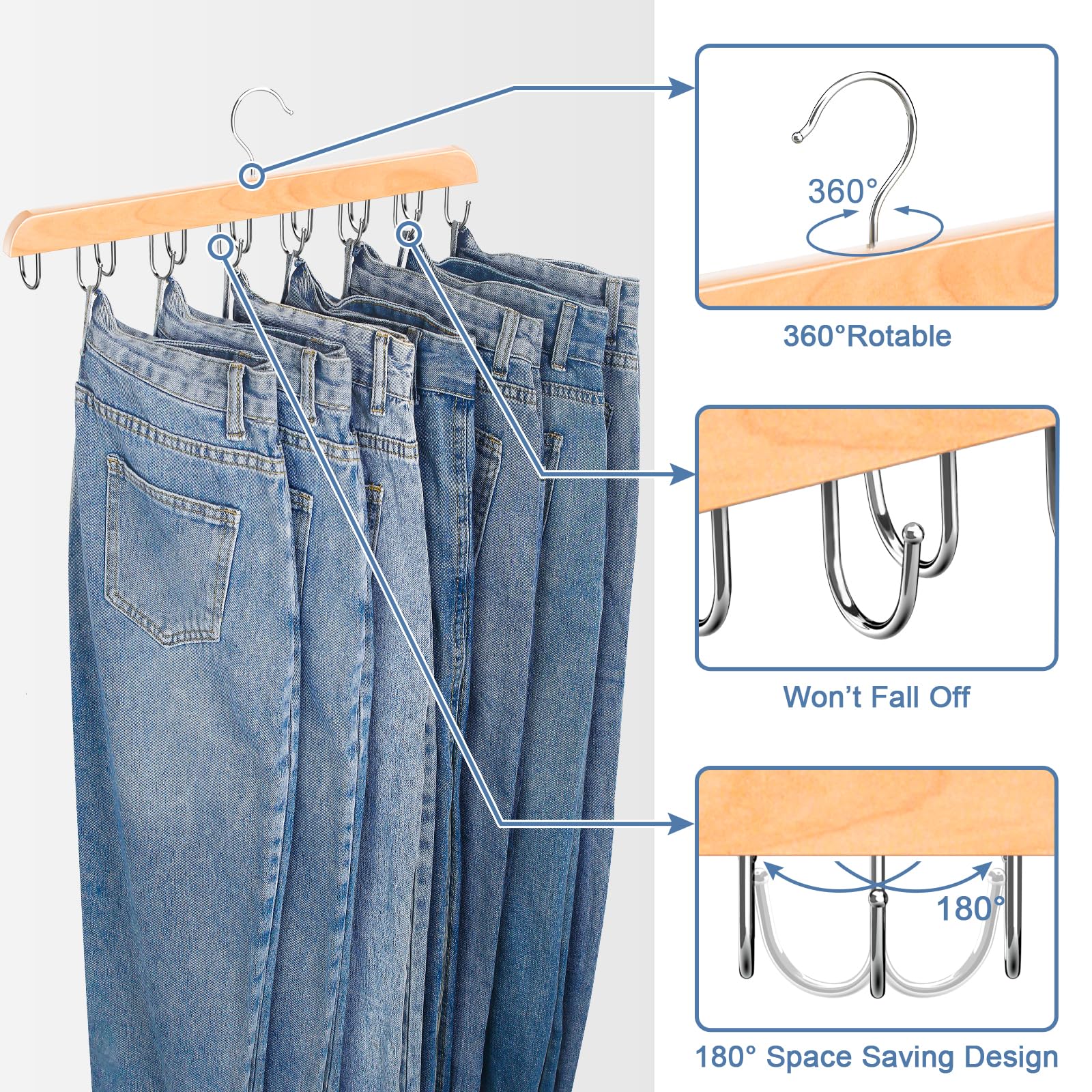 Jean Hangers For Closet, 14 Wood Jeans Hooks Space Saving, 180 Rotating Jean Hangers Holder For Jeans/Skirts/Shorts/Belts/Ties,