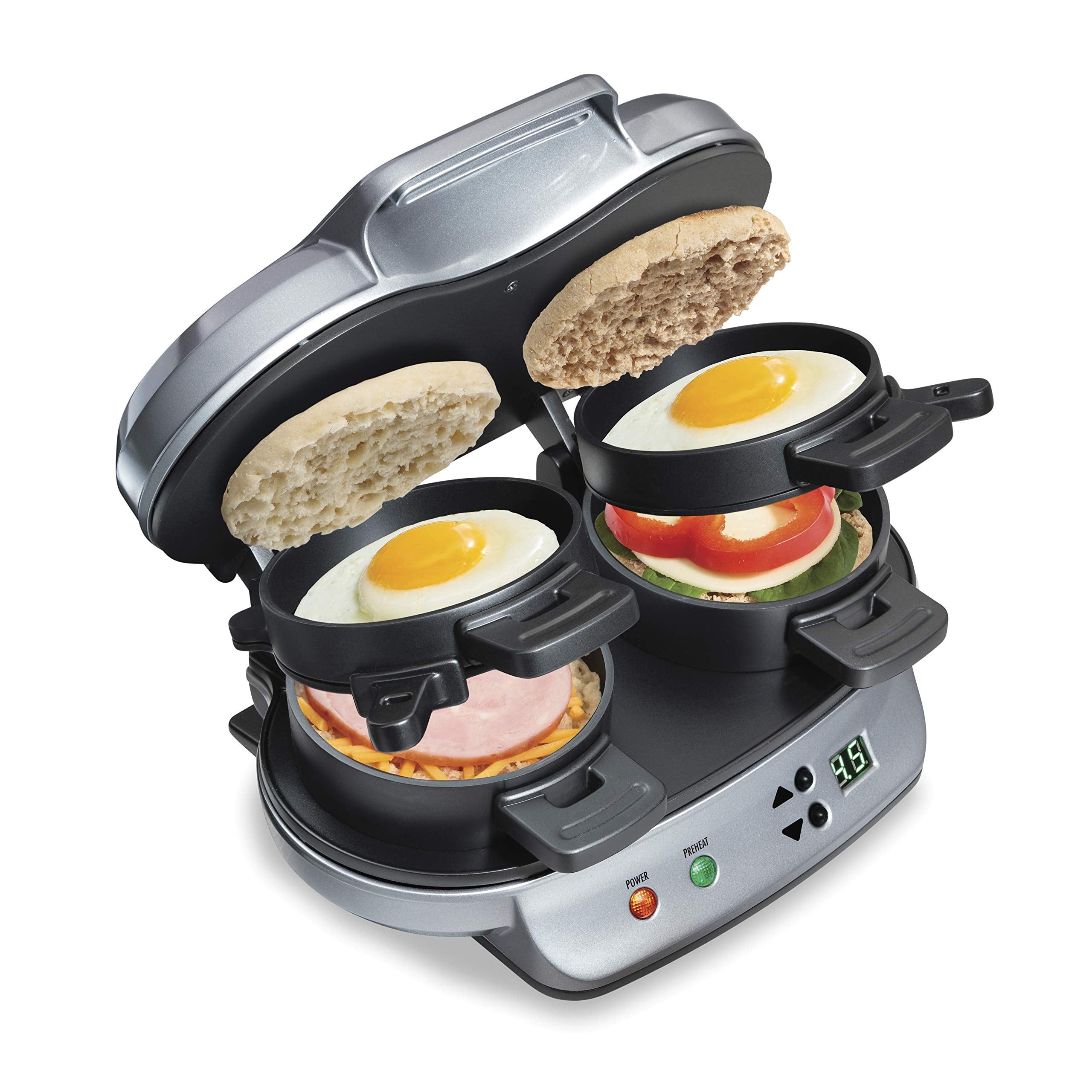 Hamilton Beach Dual Breakfast Sandwich Maker with Timer, Ready in 5 Minutes, Removable Dishwasher Safe PFAS-Free Non-Stick Egg C