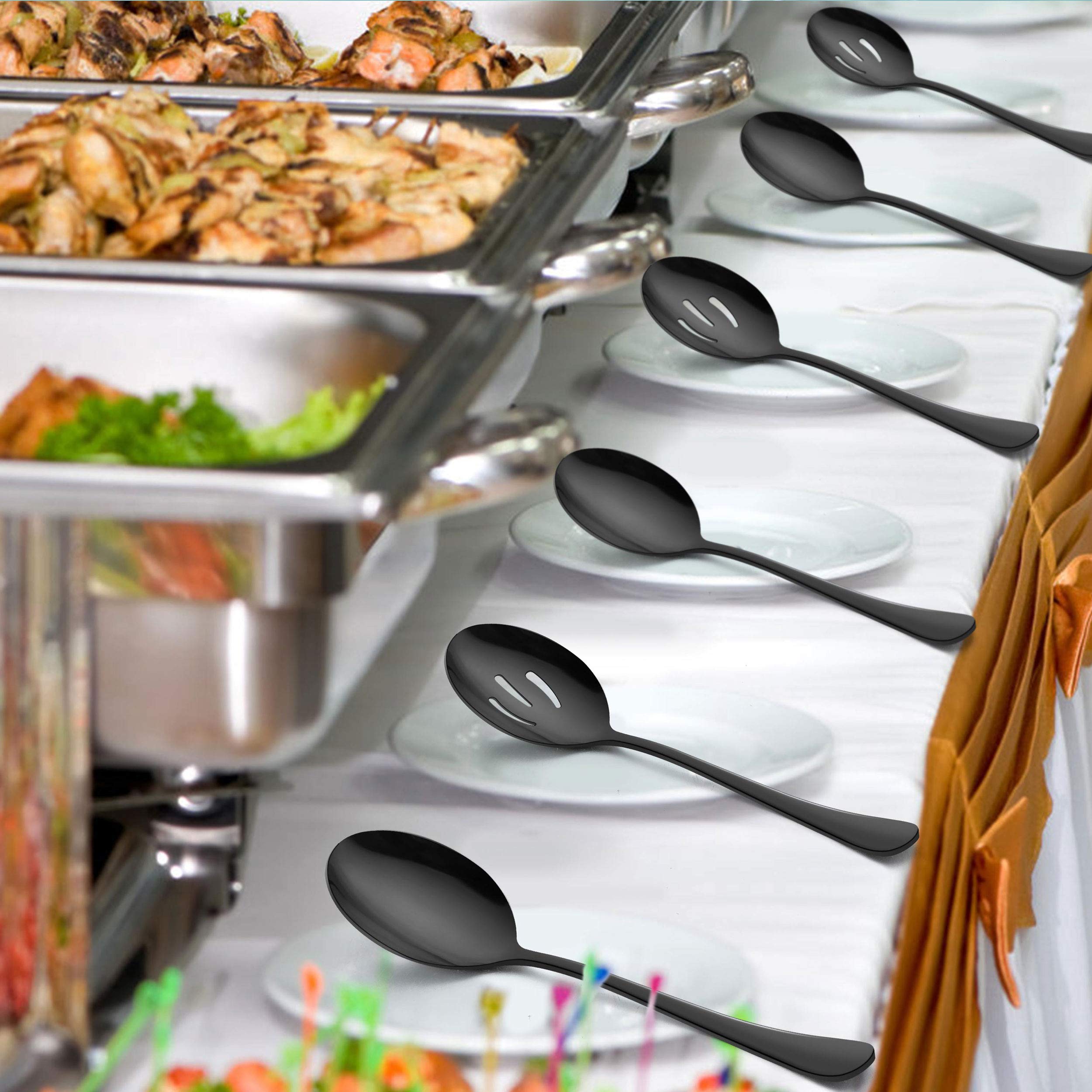 Lianyu 6-Piece Large Black Serving Spoons, Black Slotted Spoons, Stainless Steel Serving Utensils For Party Buffet Restaurant Ba