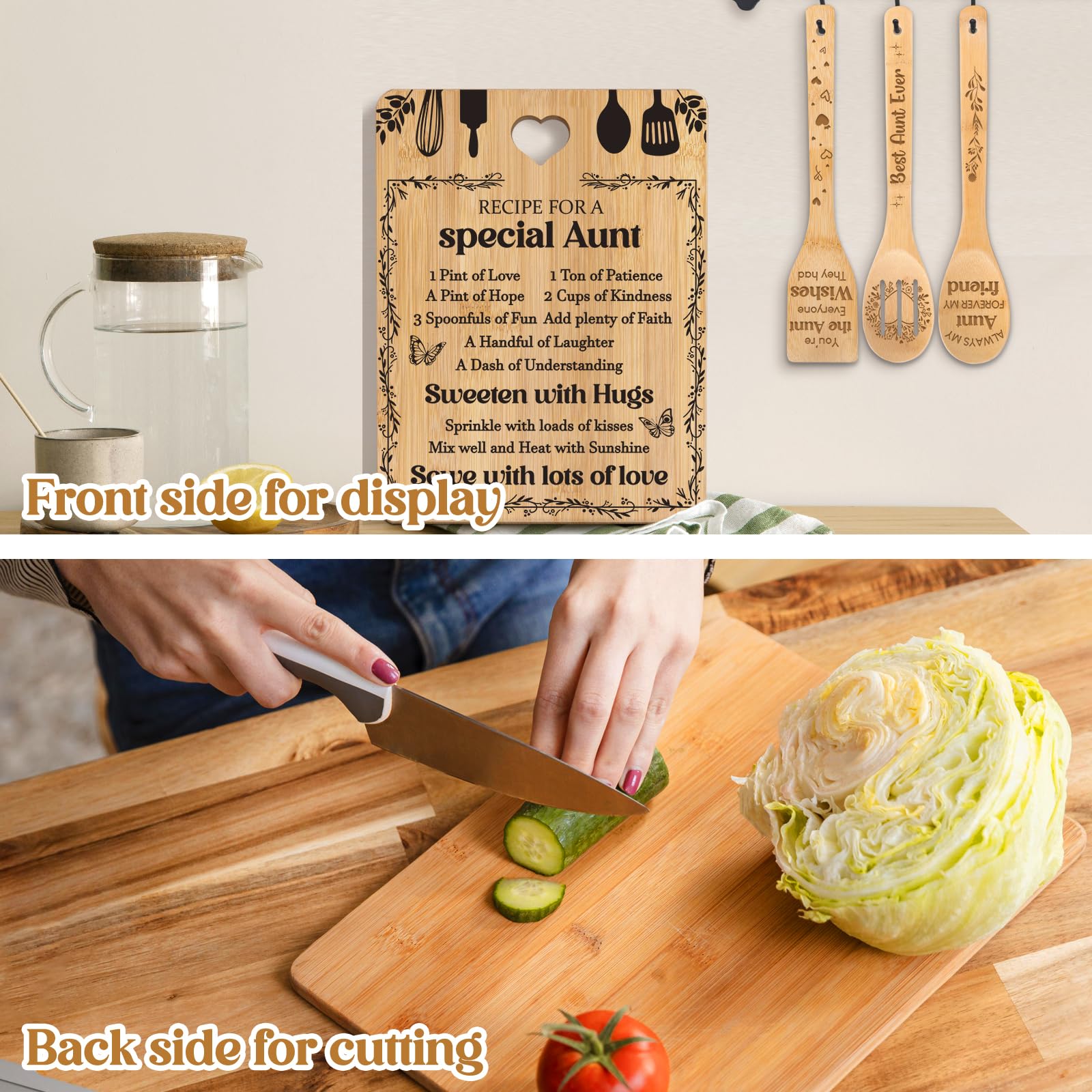 Gifts for Aunt -  Recipe for a Special Aunt  Aunt Birthday Gifts Cutting Board Set, Bamboo-Made Engraved Utensil Set, Aunt Chris