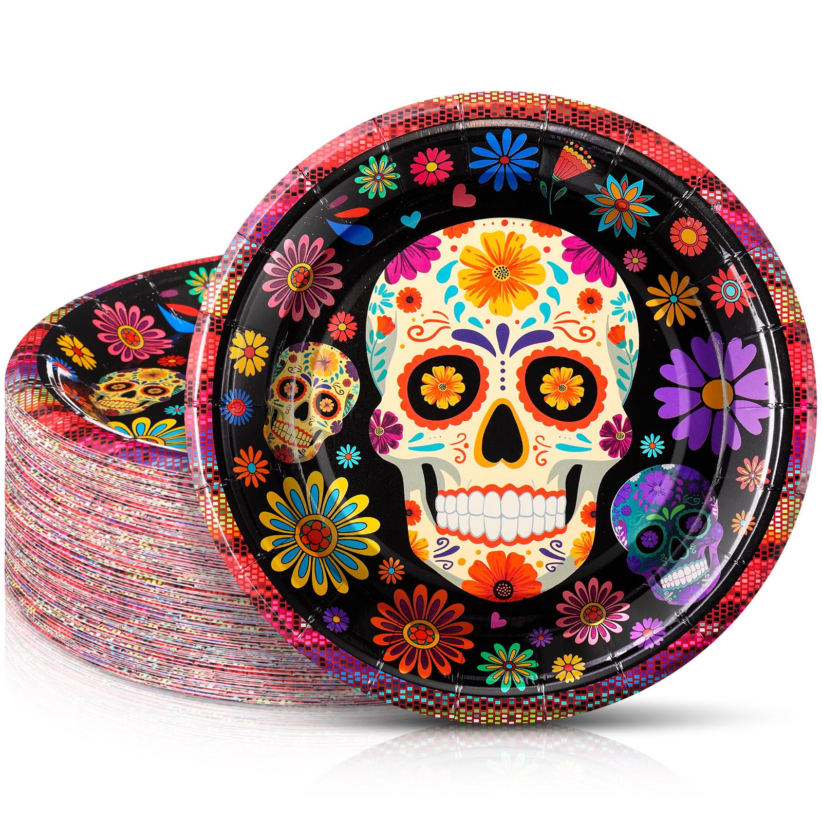 FillTouch 100 Pcs Dia De Los Muertos Sugar Skull Paper Plates 7 Inch Disposable Cake Dessert Dinner Plates for Halloween Day of 