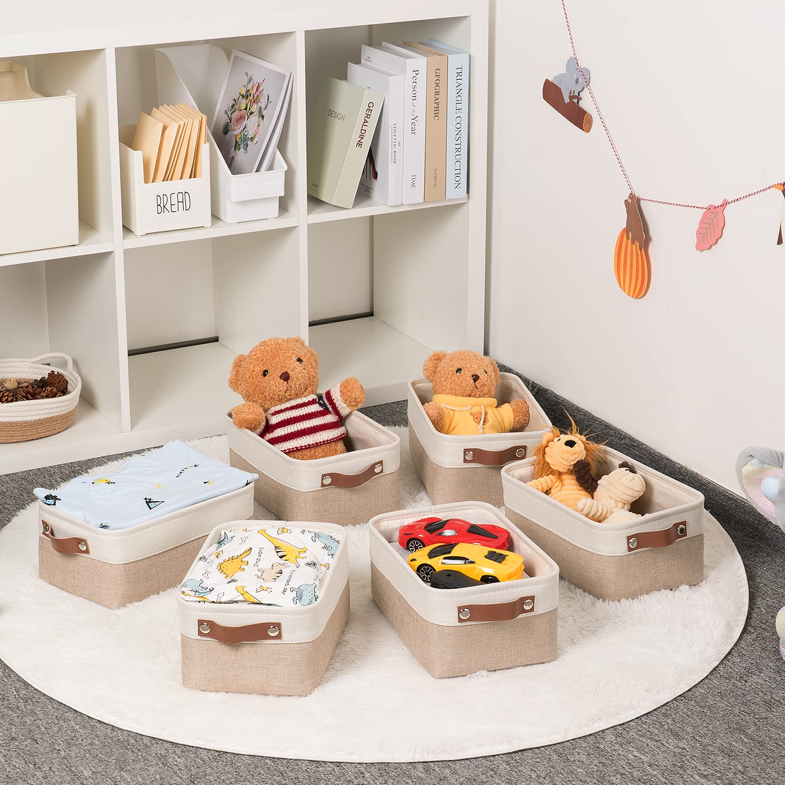 HNZIGE Small Fabric Baskets for Organizing(6 pack) Collapsible Storage Baskets for Shelves  Closets  Laundry  Nursery  Decorative Baskets for Gifts Empty (White&Khaki  11.8 '' x 7.8 '' x 5.1 '')