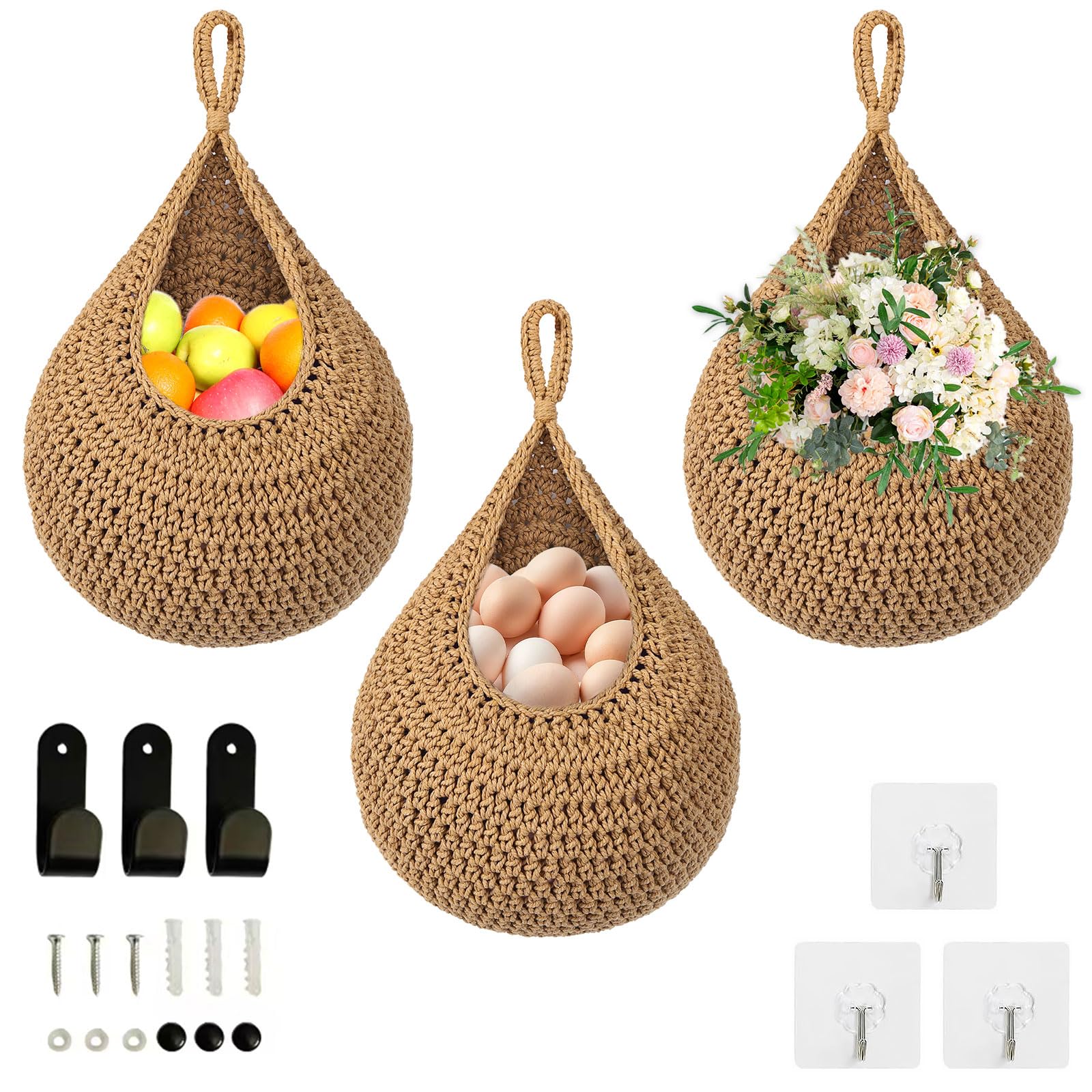3 Pack Boho Hanging Fruit Baskets for Kitchen Wall, Macrame Wall Hanging Fruit & Vegetable Storage, Woven Hanging Basket Organiz