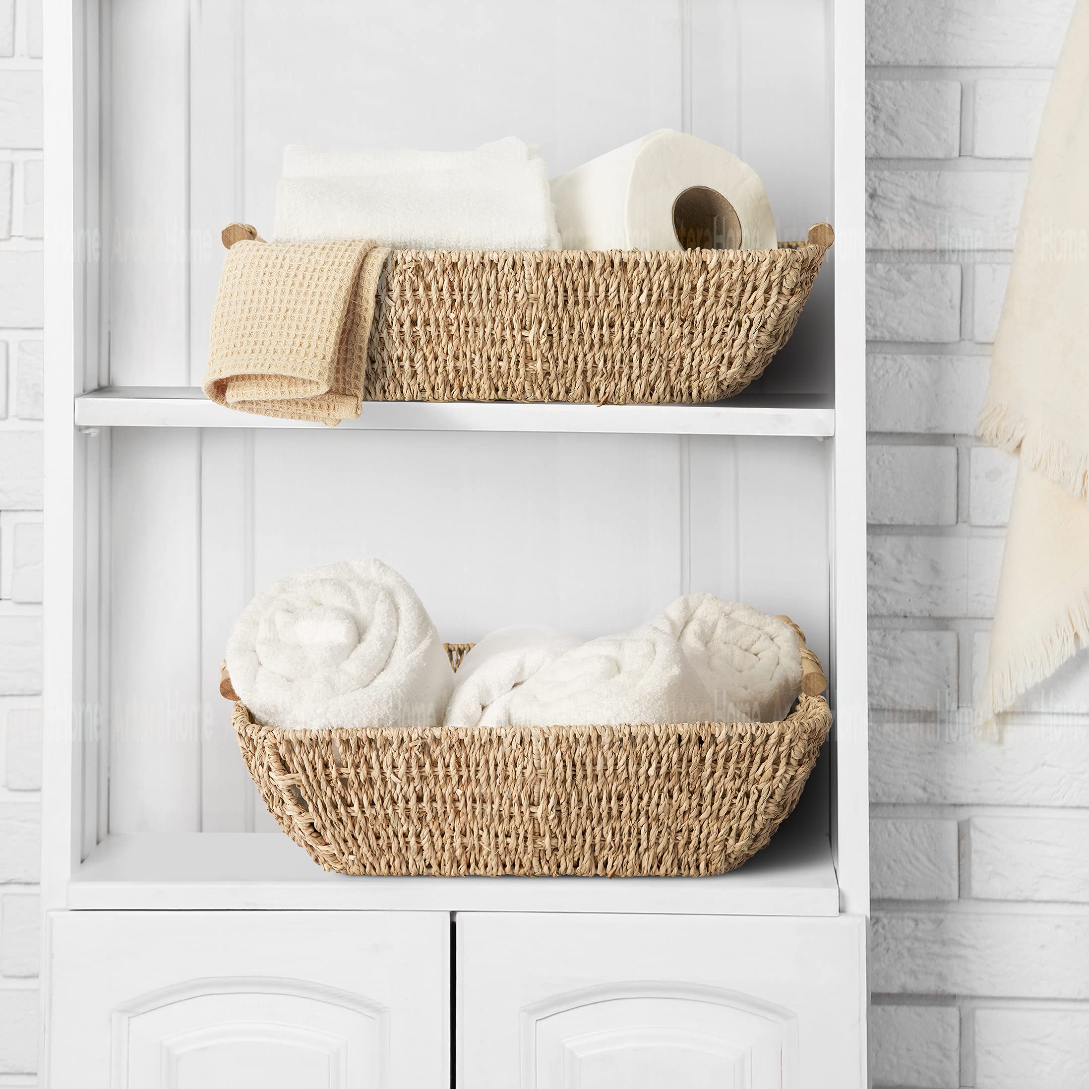 Artera Shallow Wicker Storage Basket - Medium Woven Seagrass Baskets With Wooden Handles For Bathroom, Kitchen Pantry Organizing