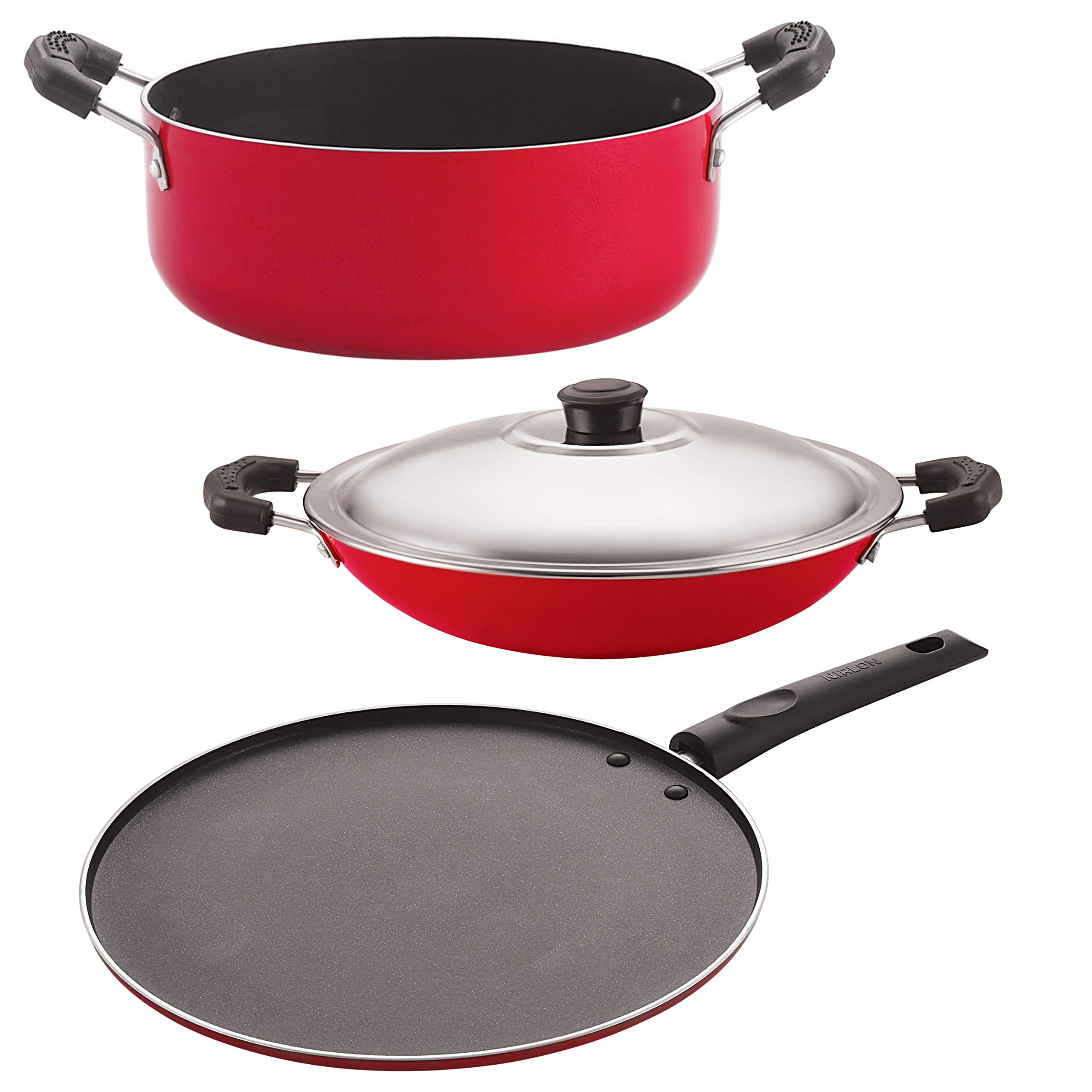 Nirlon NonStick Aluminium Pfoa Free NonToxic Durable Kitchenware(Black & Red_Combo Set) (Ac_St12_Cs24)