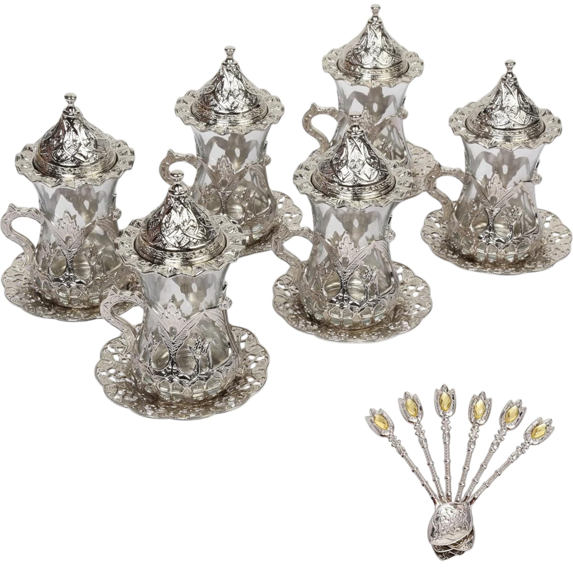 Alisveristime (Set Of 6 Handmade Turkish Tea Water Zamzam Serving Set Glasses Saucer (Silver)