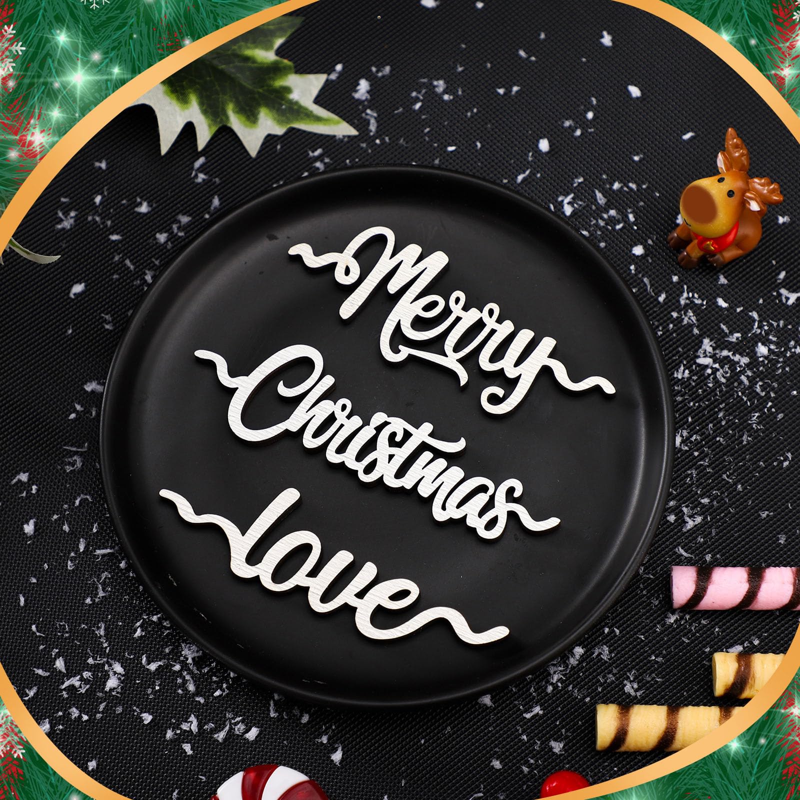 Suzile 24 Pcs Christmas Plate Wooden Letter Signs Merry Christmas Wooden Words Cutouts Wood Letter Place Card Signs Xmas Dinner