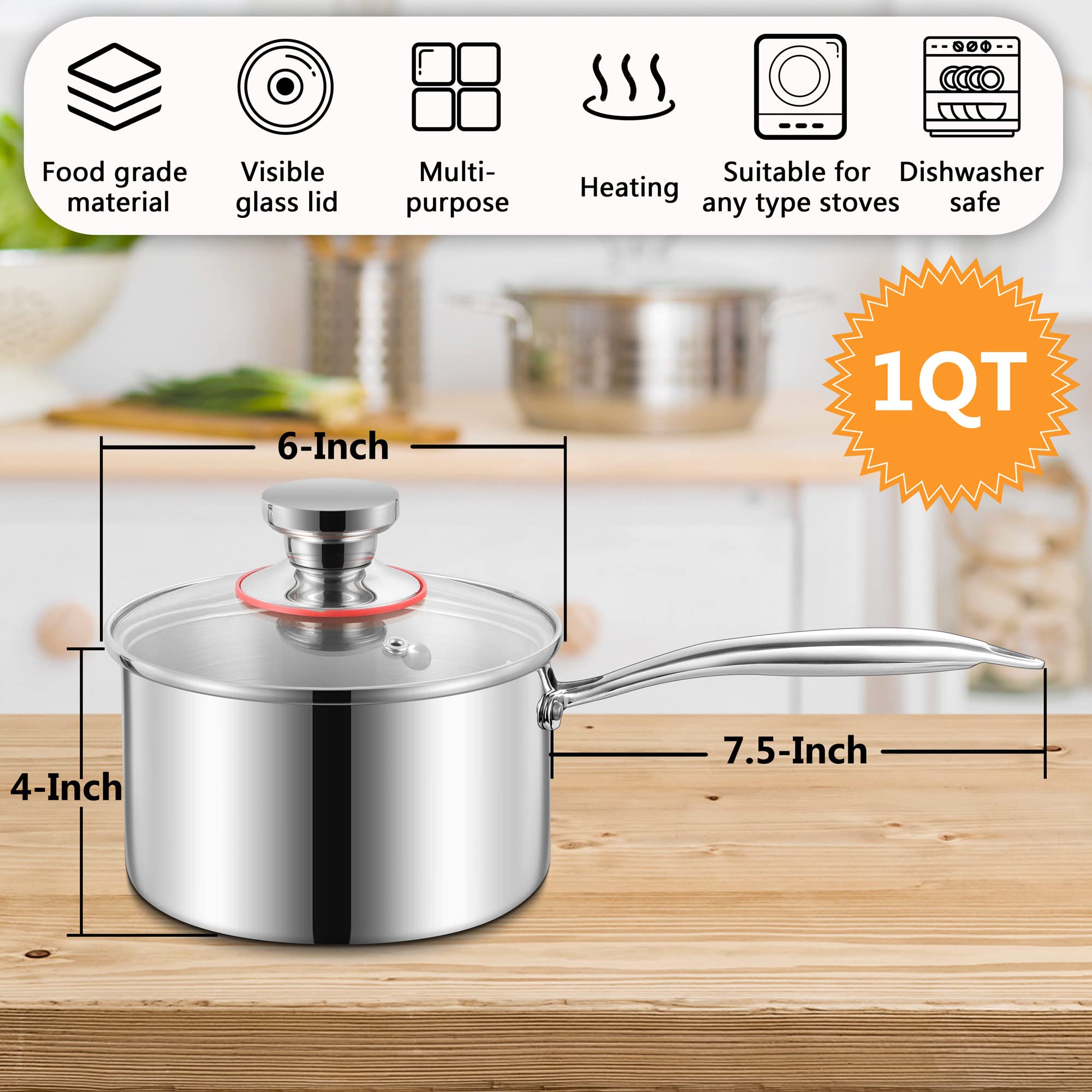 Lianyu 1Qt Saucepan, Tri-Ply 18/10 Stainless Steel Sauce Pan With Lid, 1 Quart Saucepan Cooking Pot For Pasta Soup, Small Induct
