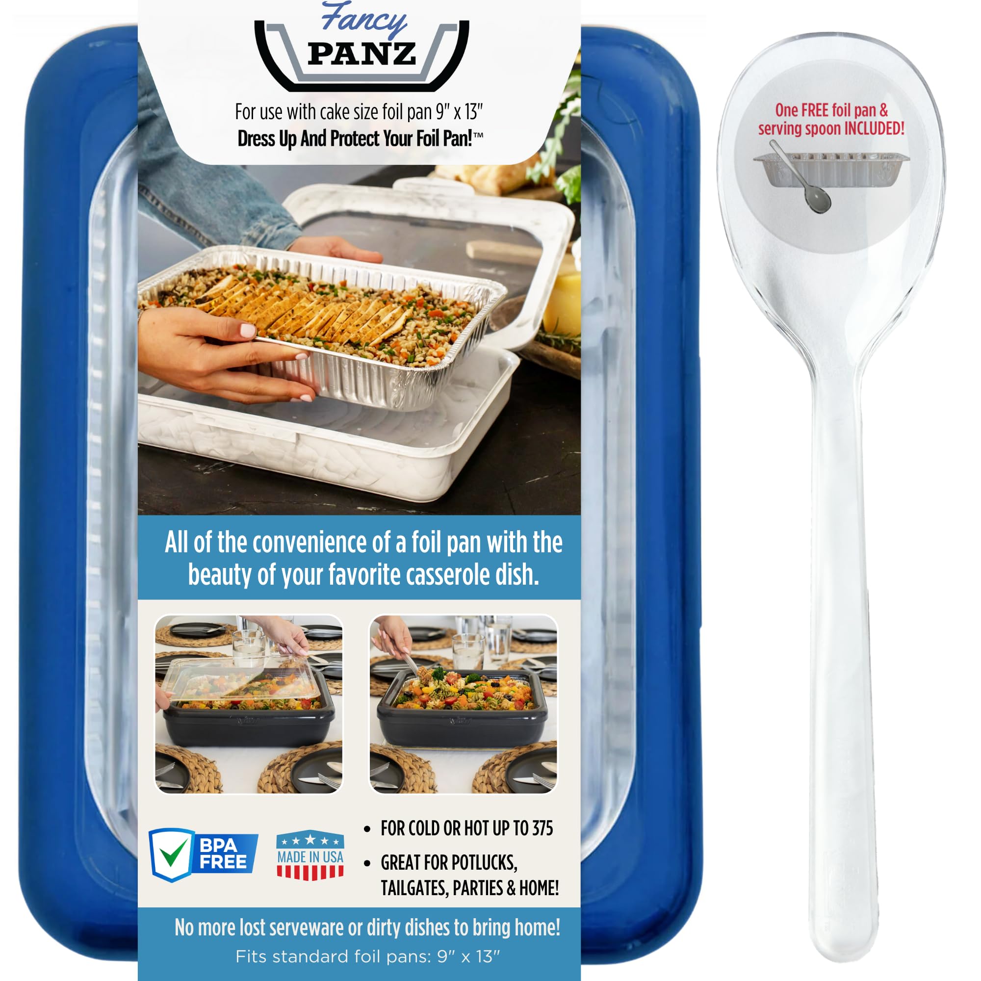 Fancy Panz Denim Blue 9x13x2 Aluminum Foil Pan Carrier with Lid - Reusable Casserole Carrier - Portable Food Transport Holder fo