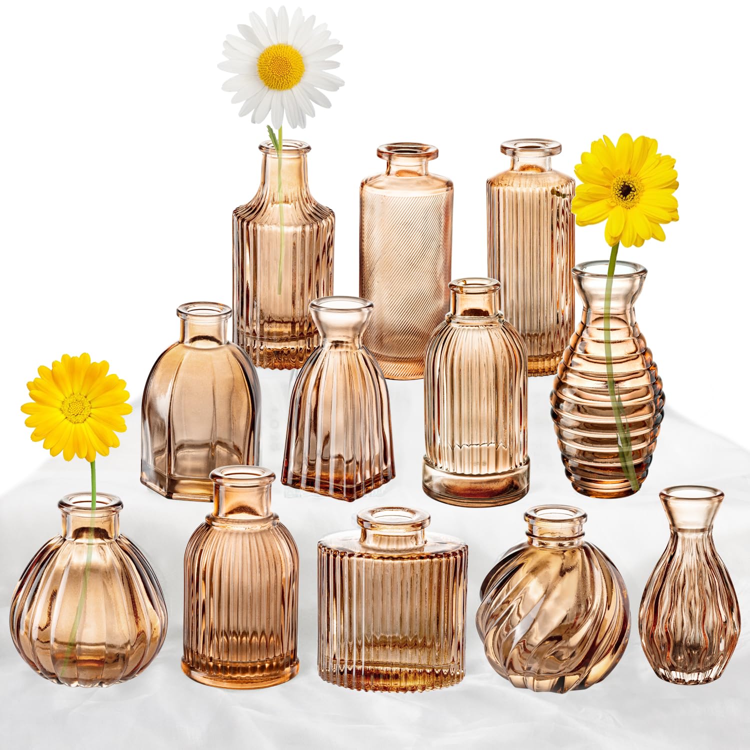 Bud Vases Set of 12, Amber Vase Small Glass Vases for Flowers Modern Ribbed Amber Glass Bud Vase for Decor Flower Vase in Bulk V