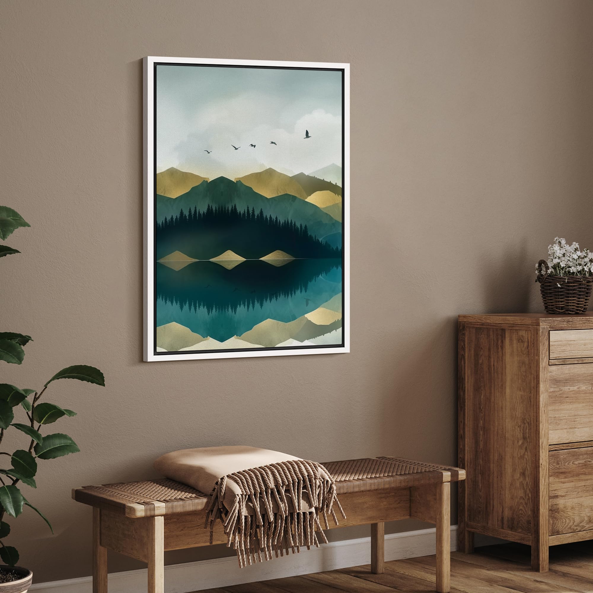Signford Framed Canvas Print Wall Art Birds Soaring Over Mountain Reflection Nature Wilderness Illustrations Modern Art Decorati