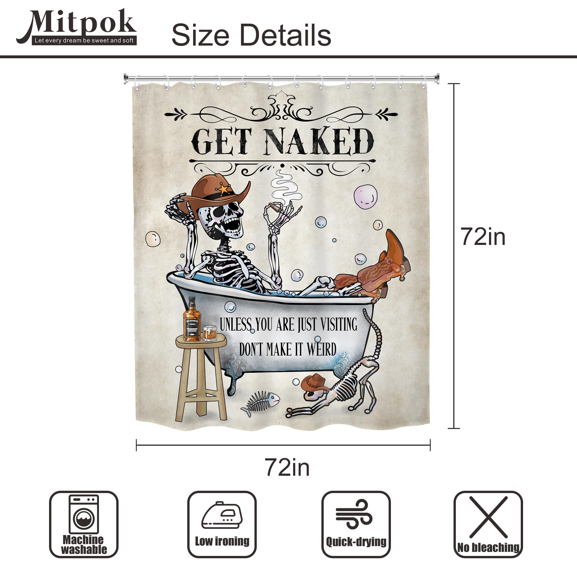 Mitpok Halloween Funny Skull Skeleton Shower Curtain 72Wx72H Western Cowboy Texas Gothic Spooky Cool Bone In Bathtub Bubbles Ret