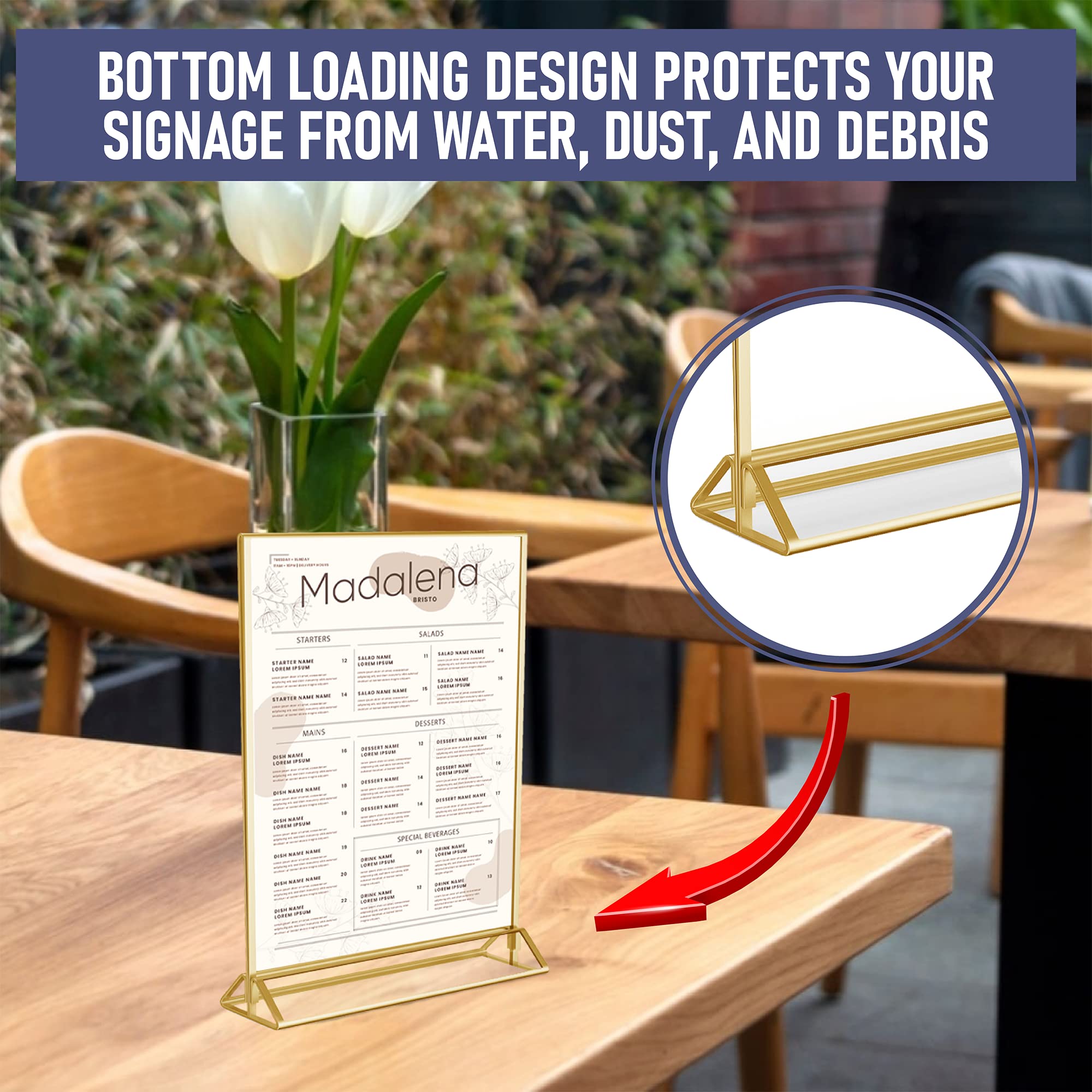 Gold Picture Frames Double Sided - 6 Pack - 8.5x11 Acrylic Gold Table Number Holders  Clear Easel Table Stands for Signs  Gold Frames for Wedding Table Numbers  Menu Holder  Photo Frame