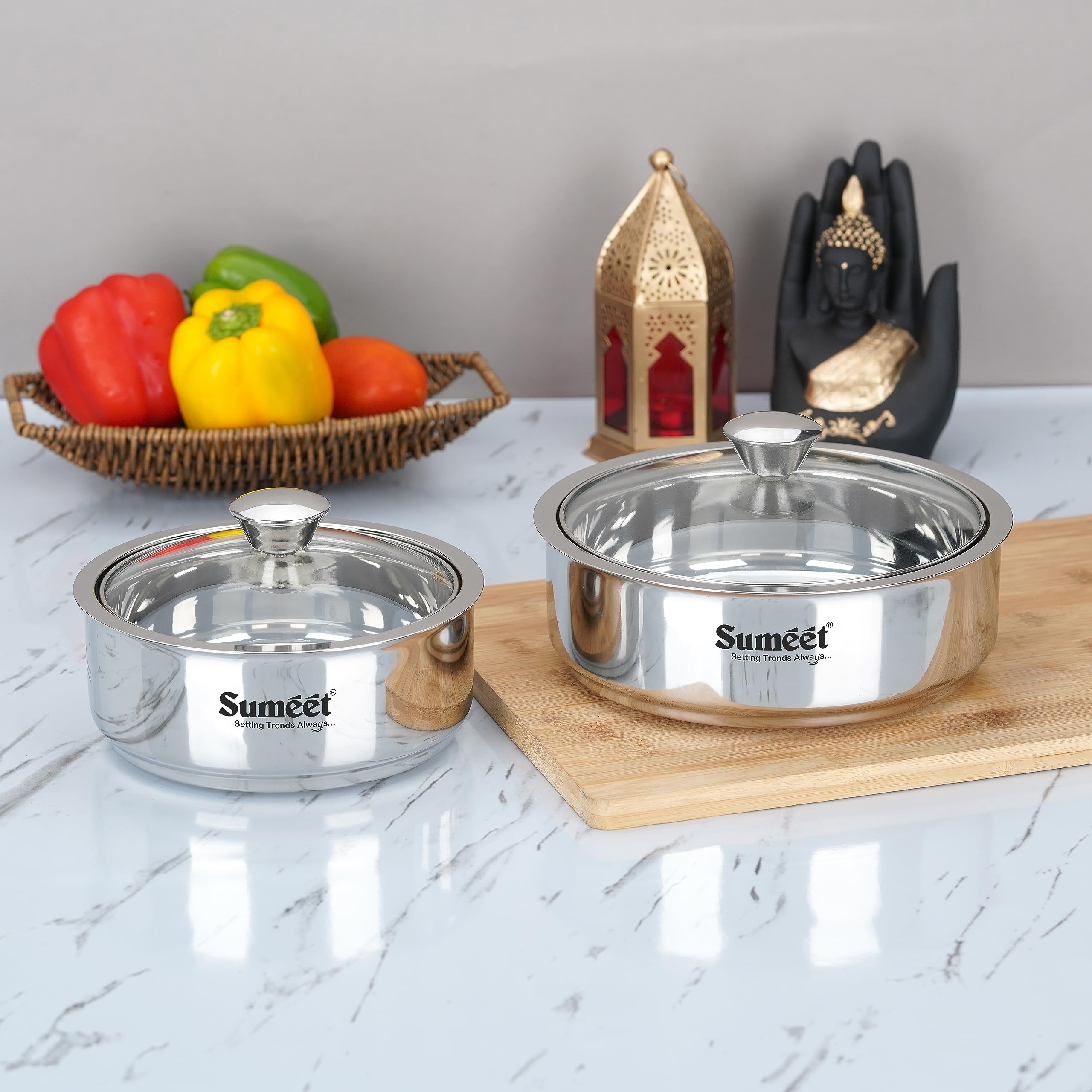 Sumeet Smart Serve Stainless Steel Double Wall Insulated Hot Roti/Chapati Pot/Server/Casserole with Glass Lid, 1.600L, Set of 2p