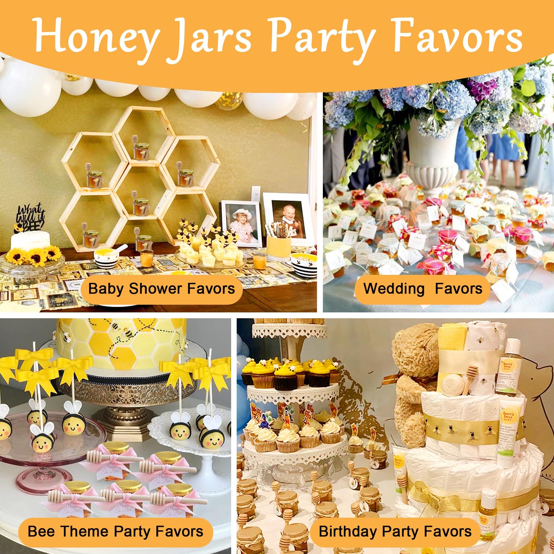 Aliggbent 48 Pack Mini Honey Jars Party Favors in Bulk, 1.5 oz Small Hexagon Glass Honey Jars with Dippers, Lids, Cute Stickers,
