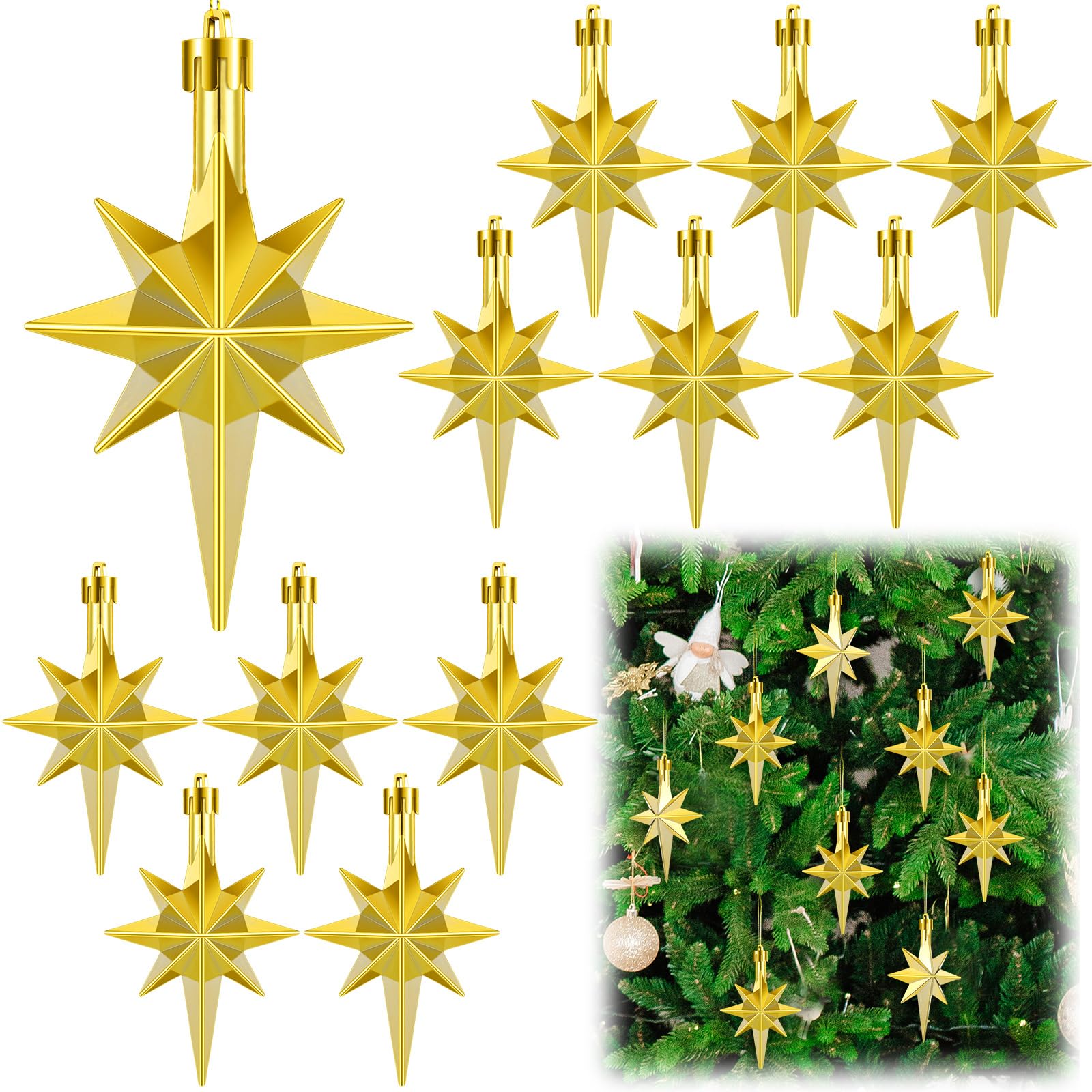 Syhood 12 Pcs Gold Christmas Bethlehem Star Ornament for Christmas Tree 3.14inch Bethlehem Star Ornament Plastic Hanging Gift De