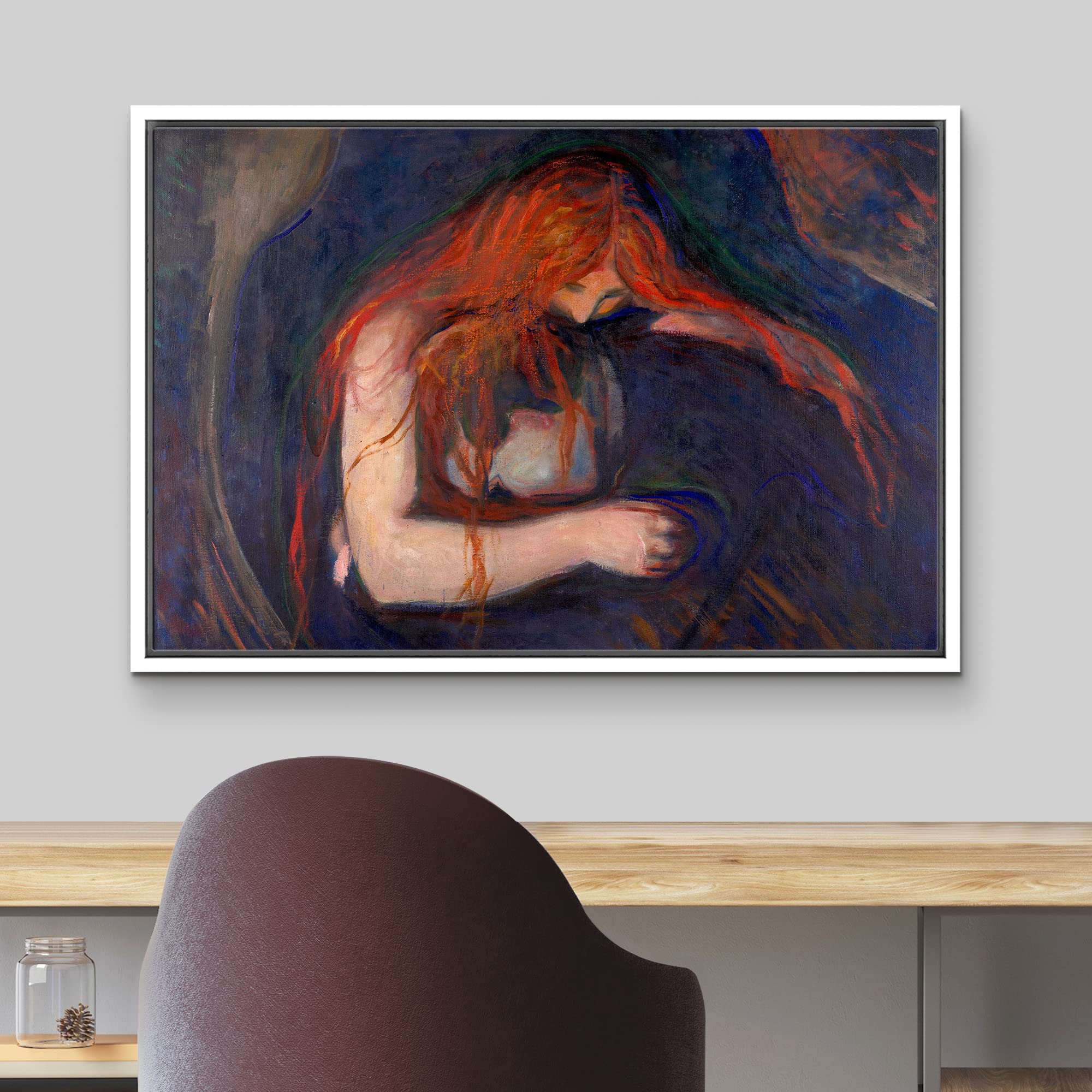 wall26 Framed Canvas Print Art - Vampire by Edvard Munch, 24"x36", Colorful Scenic Design for Living Room, Bedroom, Office