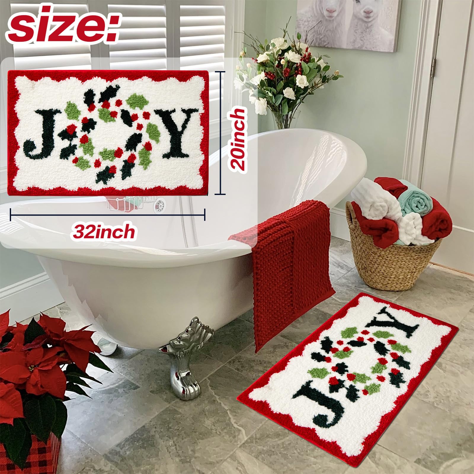 Baccessor Christmas Bath Rugs Mat For Bathroom, Cute Joy Plush Non Slip Water Absorbent Washable Red Green Bathroom Rugs Mats Fo