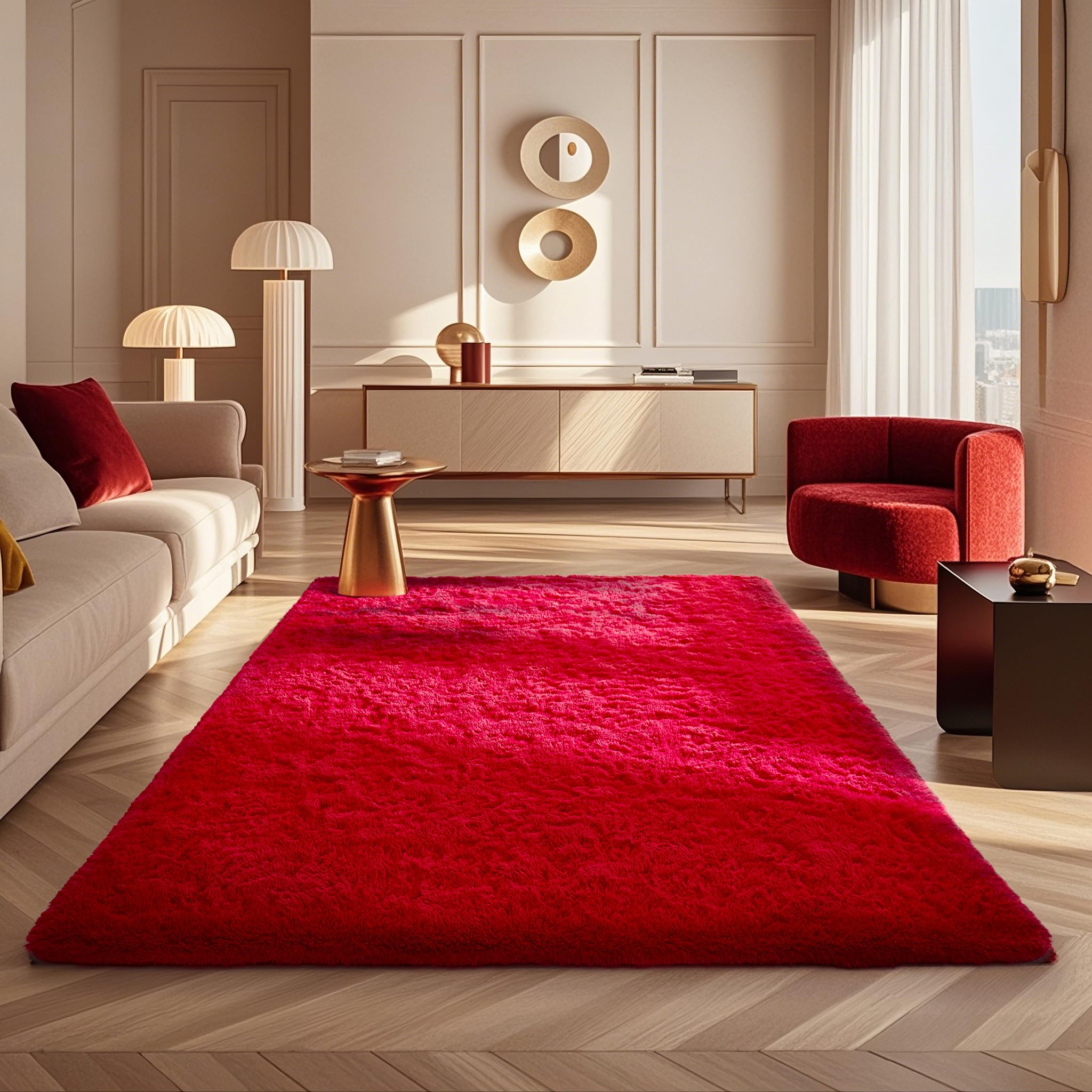Ophanie Red Rugs for Bedroom Living Room, Fluffy Fuzzy Furry Carpet, Plush Soft Shaggy Bedside Indoor Floor 4x6 Area Rug for Kid