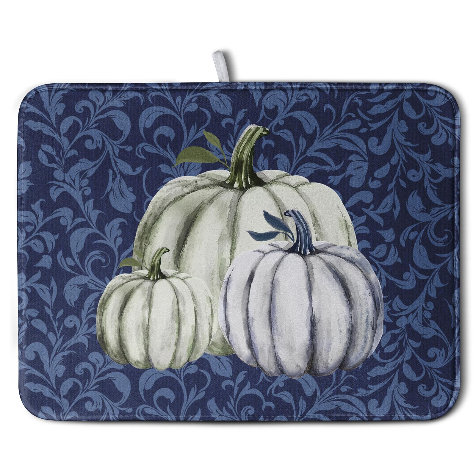 Kwlegh Autumn Dish Drying Mat Fall Navy Blue White Pumpkin Dish Pad for Kitchen Counter 18x24 Microfiber Absorbent Thanksgiving 
