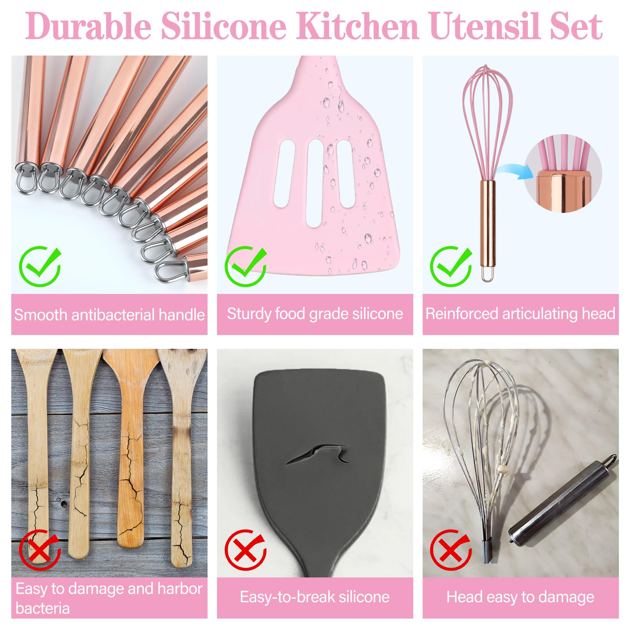 Arquiel Pink Kitchen Utensil Set With Holder, 22 Pcs Silicone Cooking Utensils Set For Nonstick Cookware, Heat Resistance Spatul