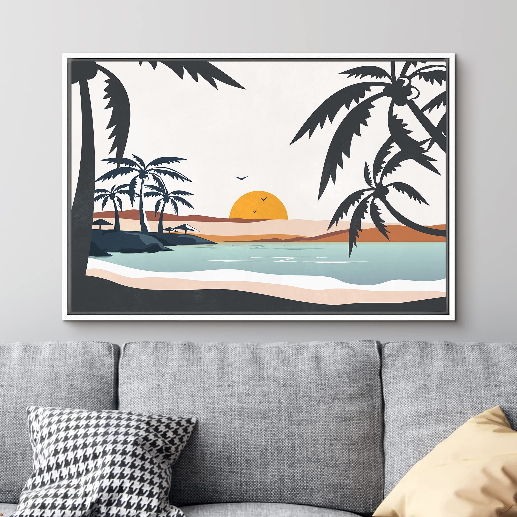 Signford Framed Canvas Print Wall Art Pastel Ocean Sunshine Sunset Horizon Nature Wilderness Illustrations Modern Art Decorative