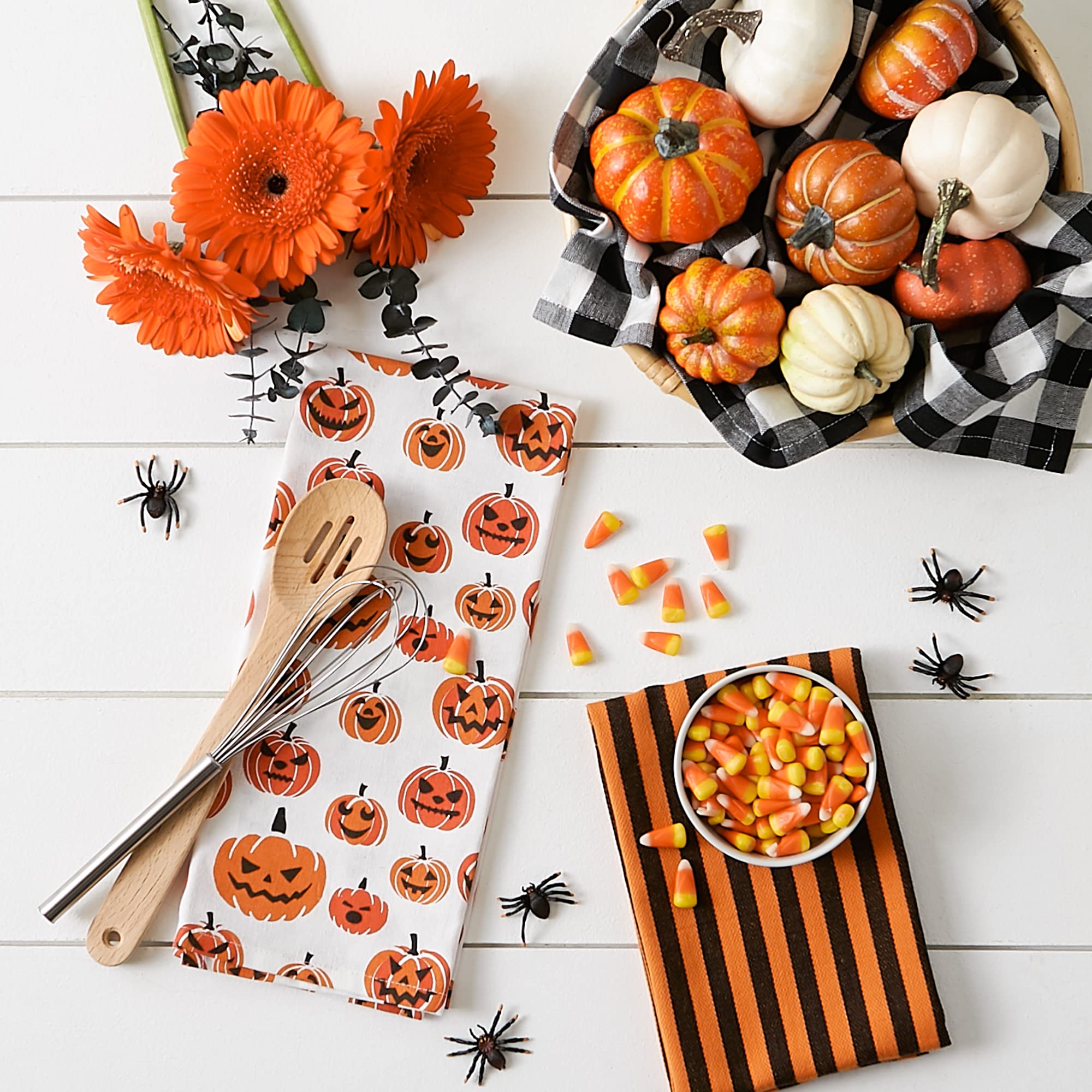 DII Halloween Hand Towels for The Kitchen Decorative Spooky & Fun Cotton Printed Dishtowel Set  18x28  Black & White Buffalo Check/Orange Stripes  3 Count
