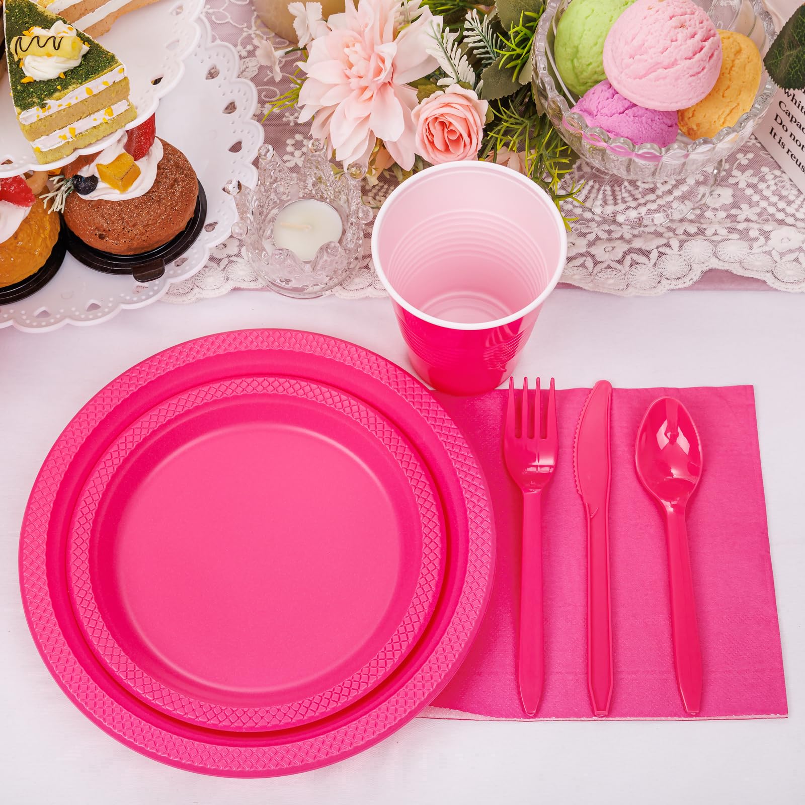 Wellife 210 Pieces Valentines Hot-Pink Party Supplies - Hot Pink Plastic Dinnerware Set, Including Hot Pink Plastic Plates And N