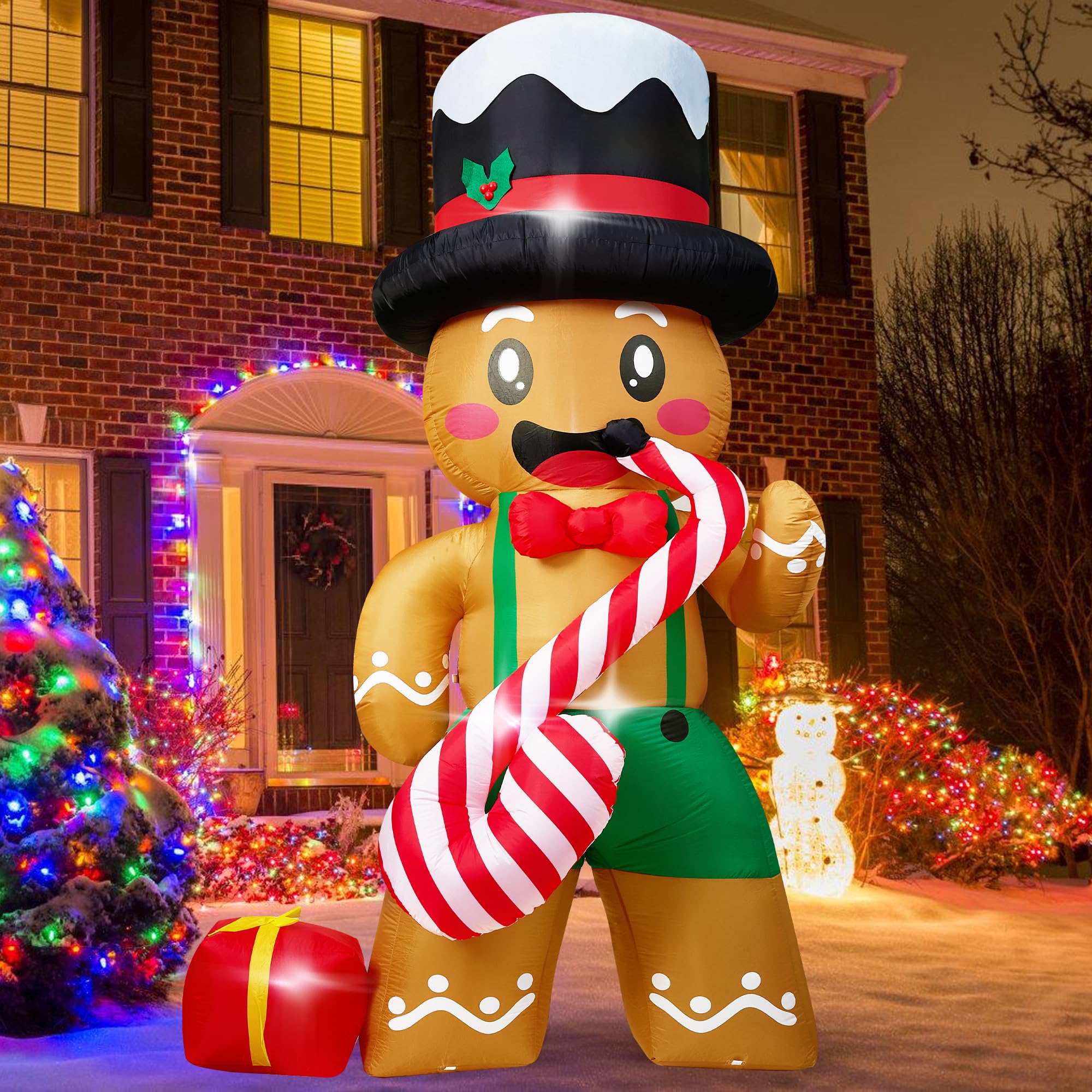 8 FT Christmas Inflatables Decorations with Built-in LEDs, Gingerbread Man Playing Candy Cane Saxophone Blow-Up Christmas Inflat