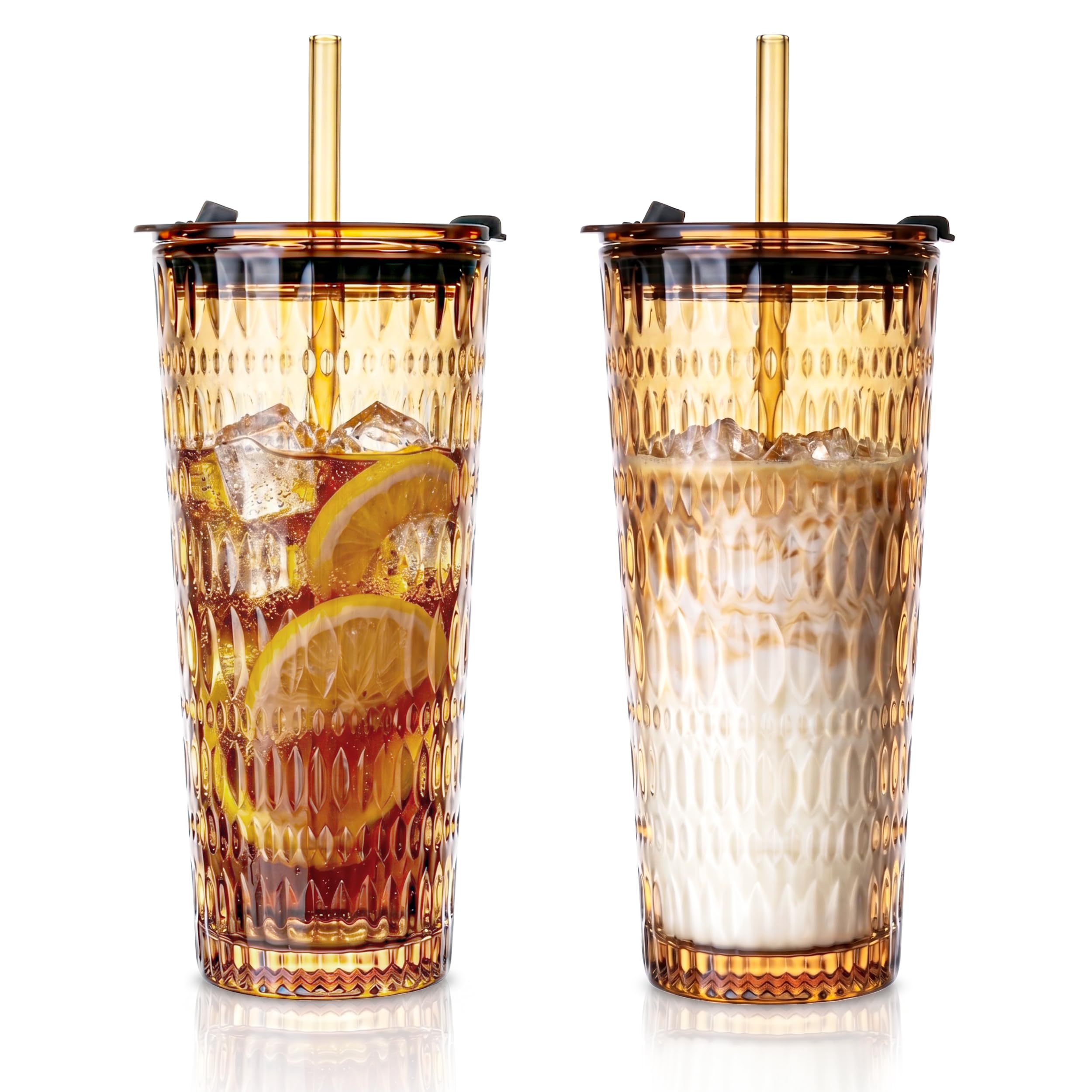 Puraville 2 Pack 18oz Glass Cups with Lids and Straws, Amber