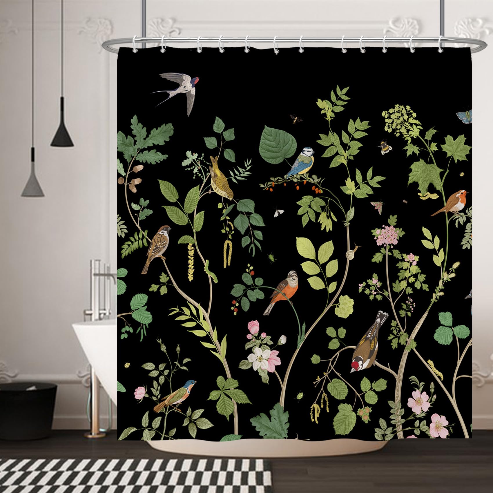 Yanutan Birds With Green Plants Shower Curtain, Animals Green Leaves Black Shower Curtain Set For Bathroom, Lively Birds Fabric