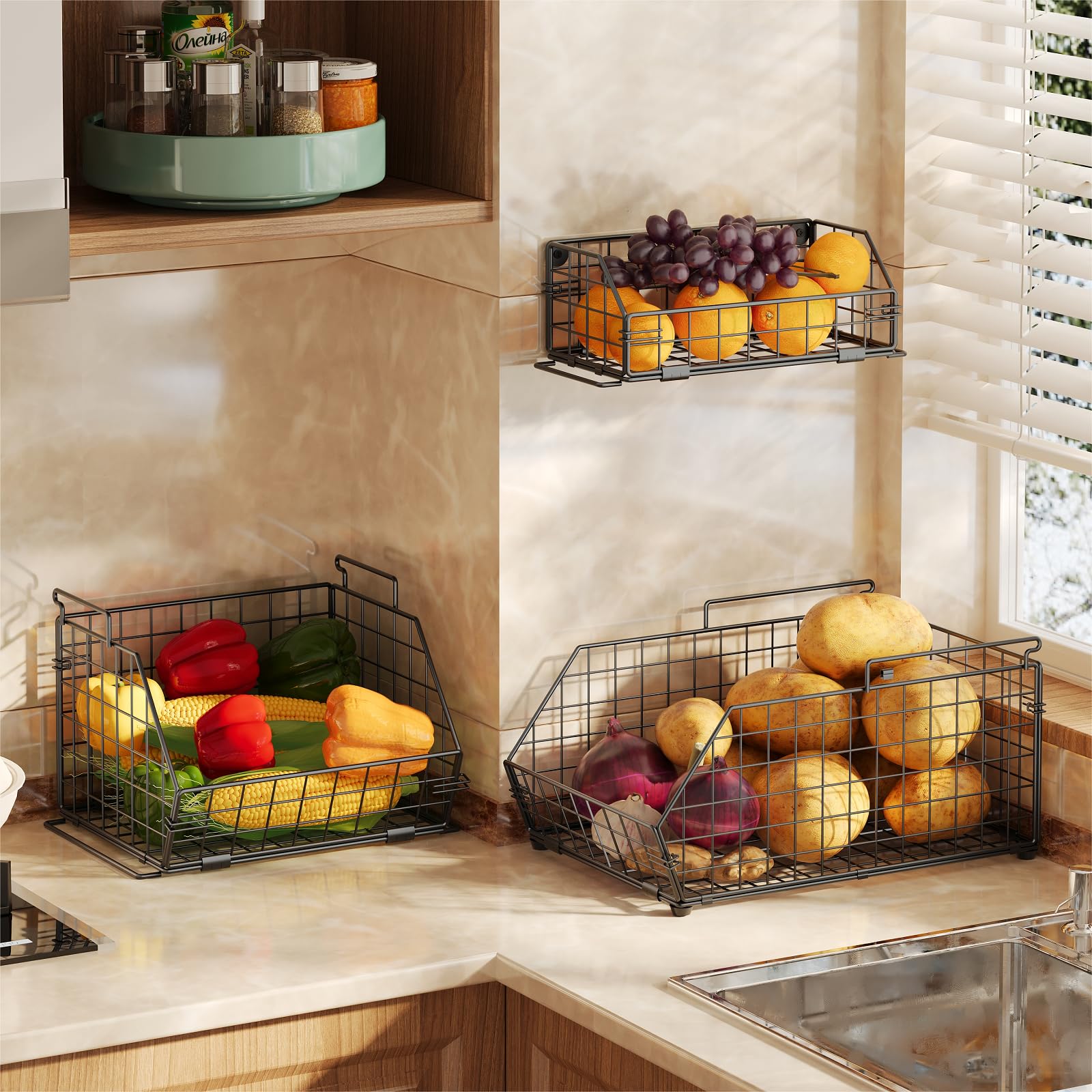 Yuzehuaza 3 Tier Fruit And Vegetable Basket Wall-Mounted & Countertop Organizer For Potato Onion Stackable Wire Baskets For Pant