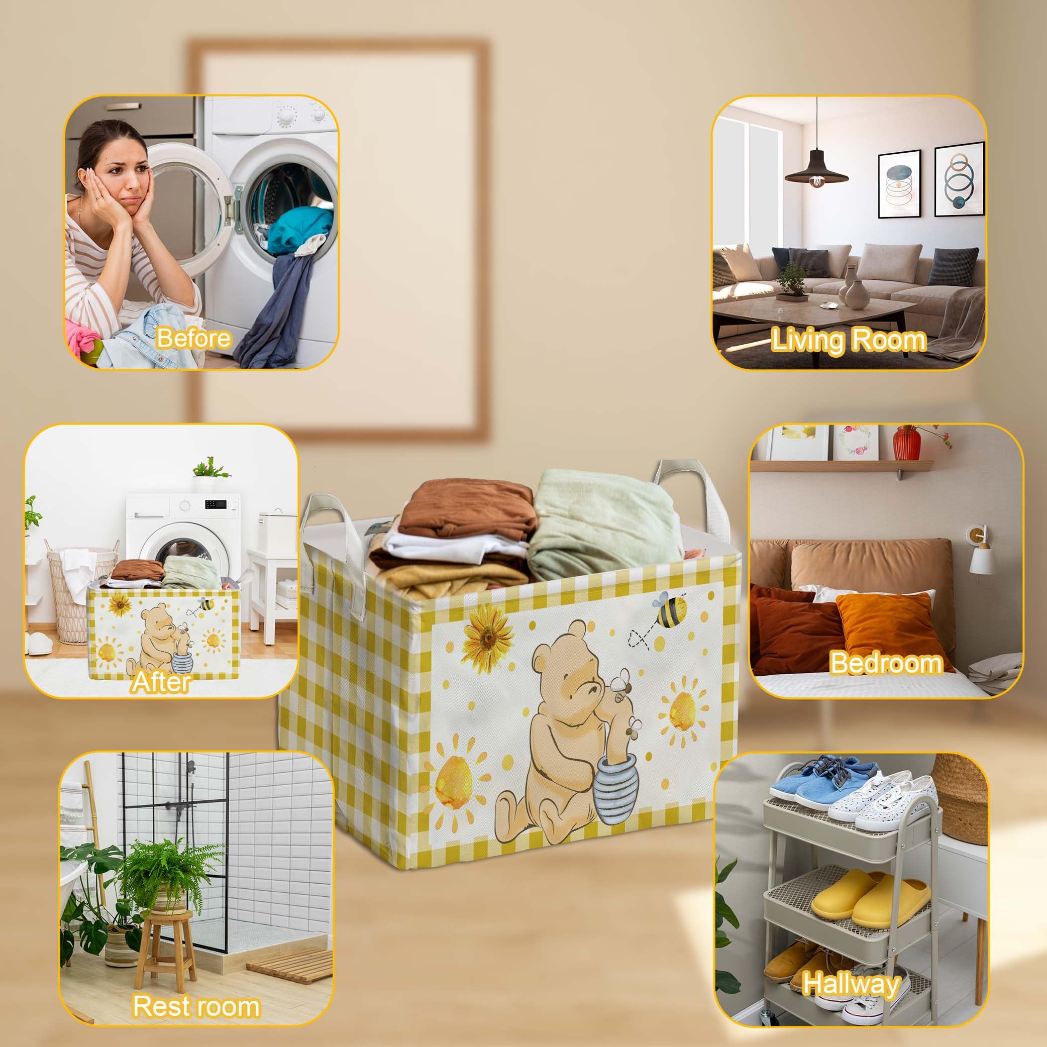 Zsatuiy Winnie Nursery Decor, The Pooh Baby Stuff, Winnie Storage Nursery Basket, Large Squarecanvas Laundry Hamper With A Water