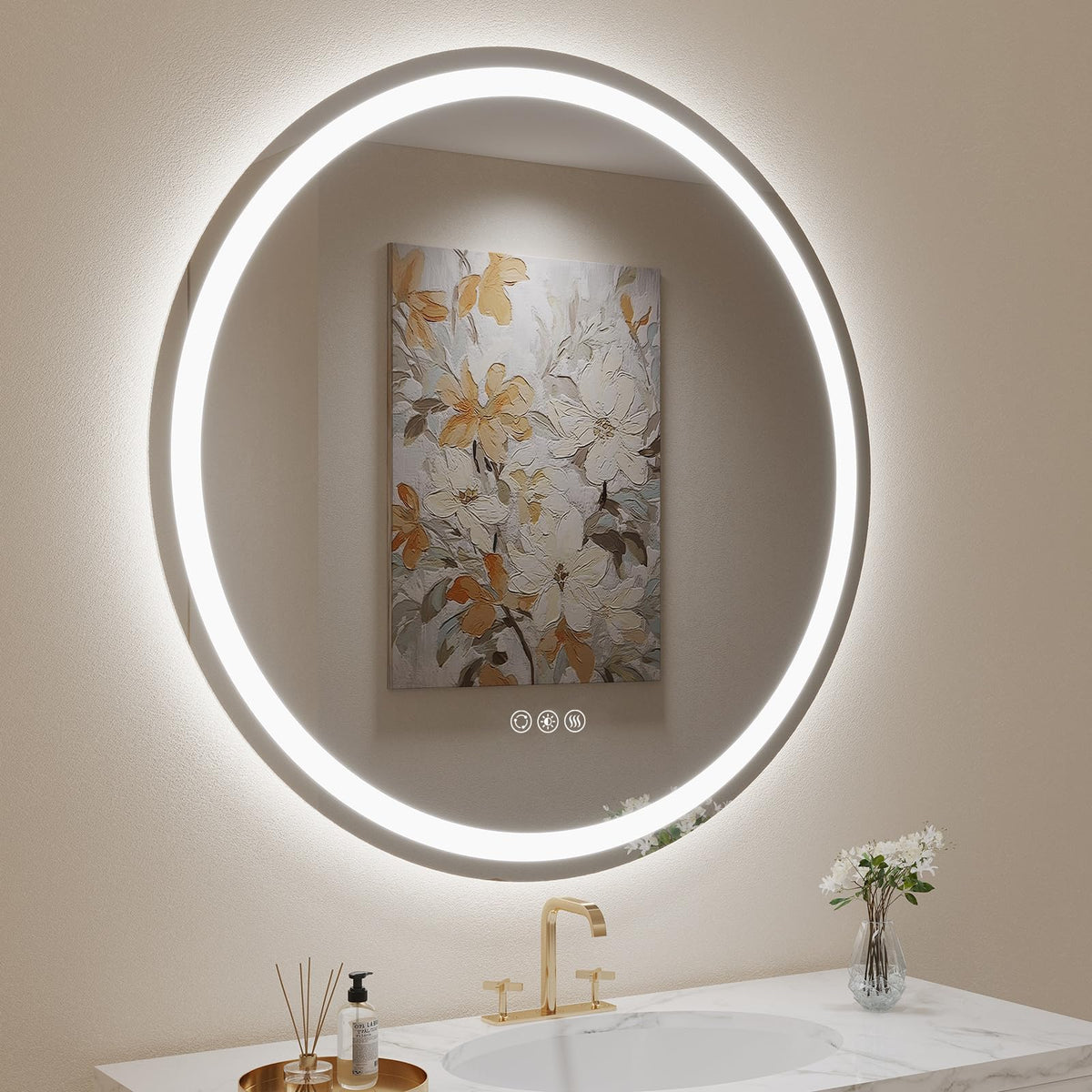 Lovespejo 36'' Round Led Mirror For Bathroom Front And Backlit Wall Mounted Bathroom Mirror With Lights, Anti-Fog, Stepless Dimm