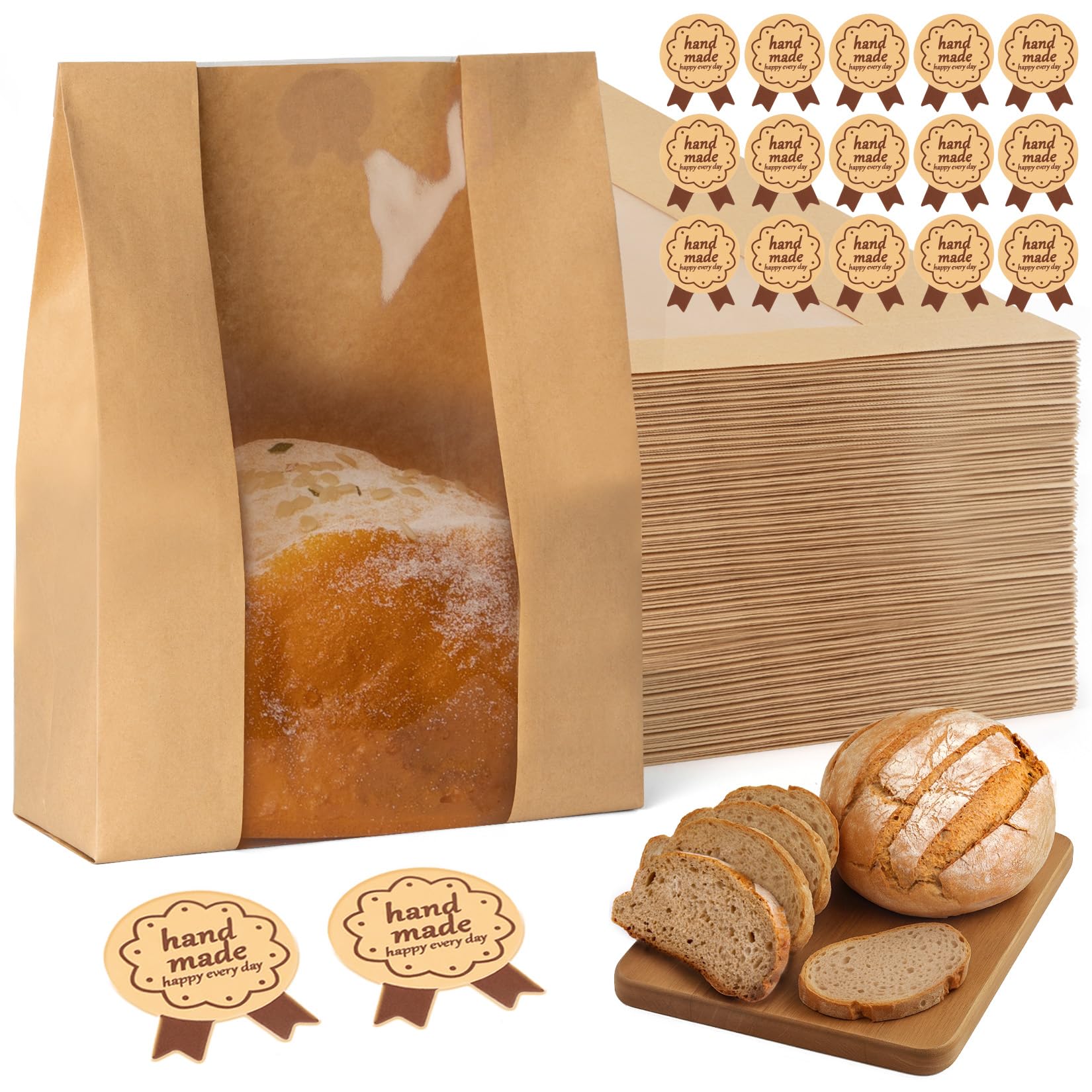 FUNFERY 200 Pcs Sourdough Bread Bags for Home Made Bread Sourdough,Large Paper Bags for Breads Gifting with Window & Cute Seal S
