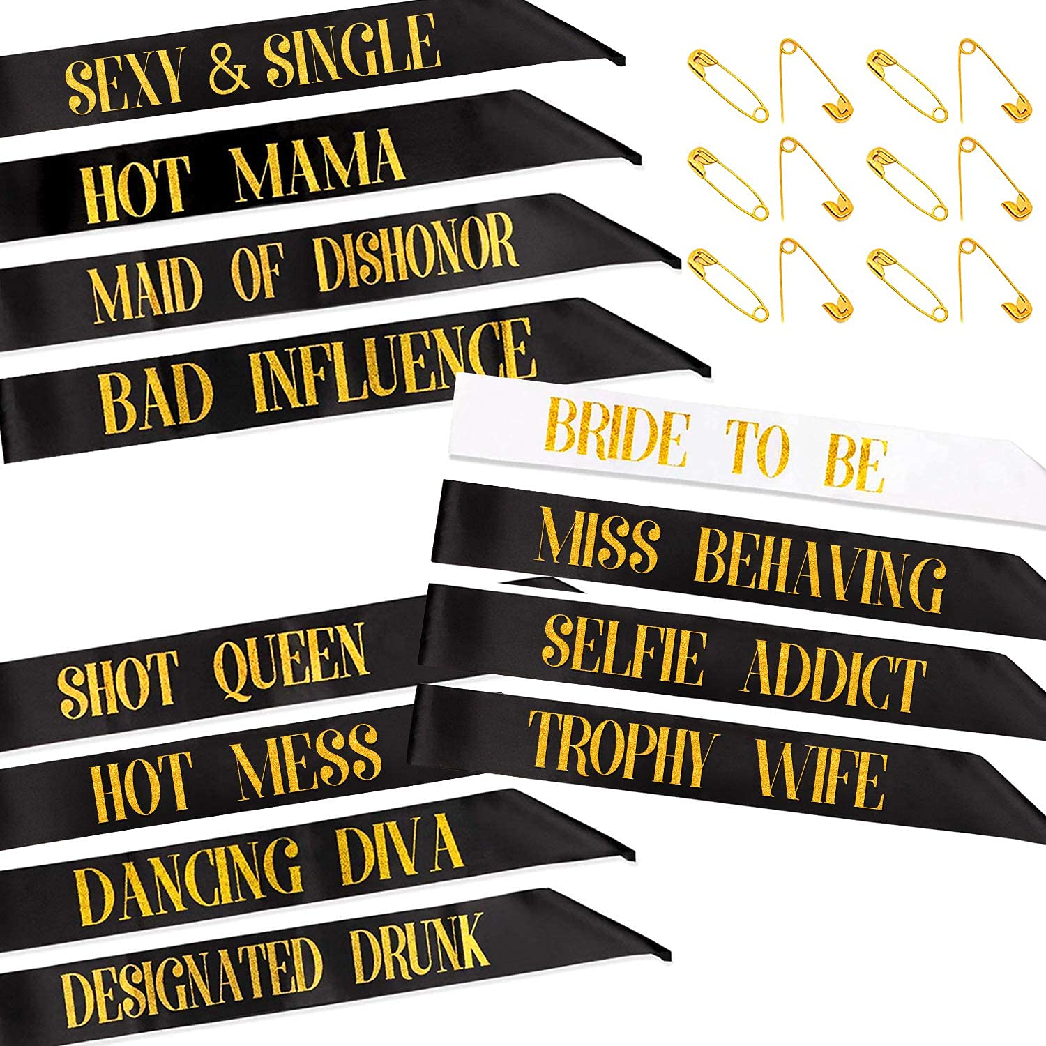 Phogary Bachelorette Sashes For Bridal Party (12 Pack) - 11 Black Team Bride Sashes With 1 White Bride To Be Sash