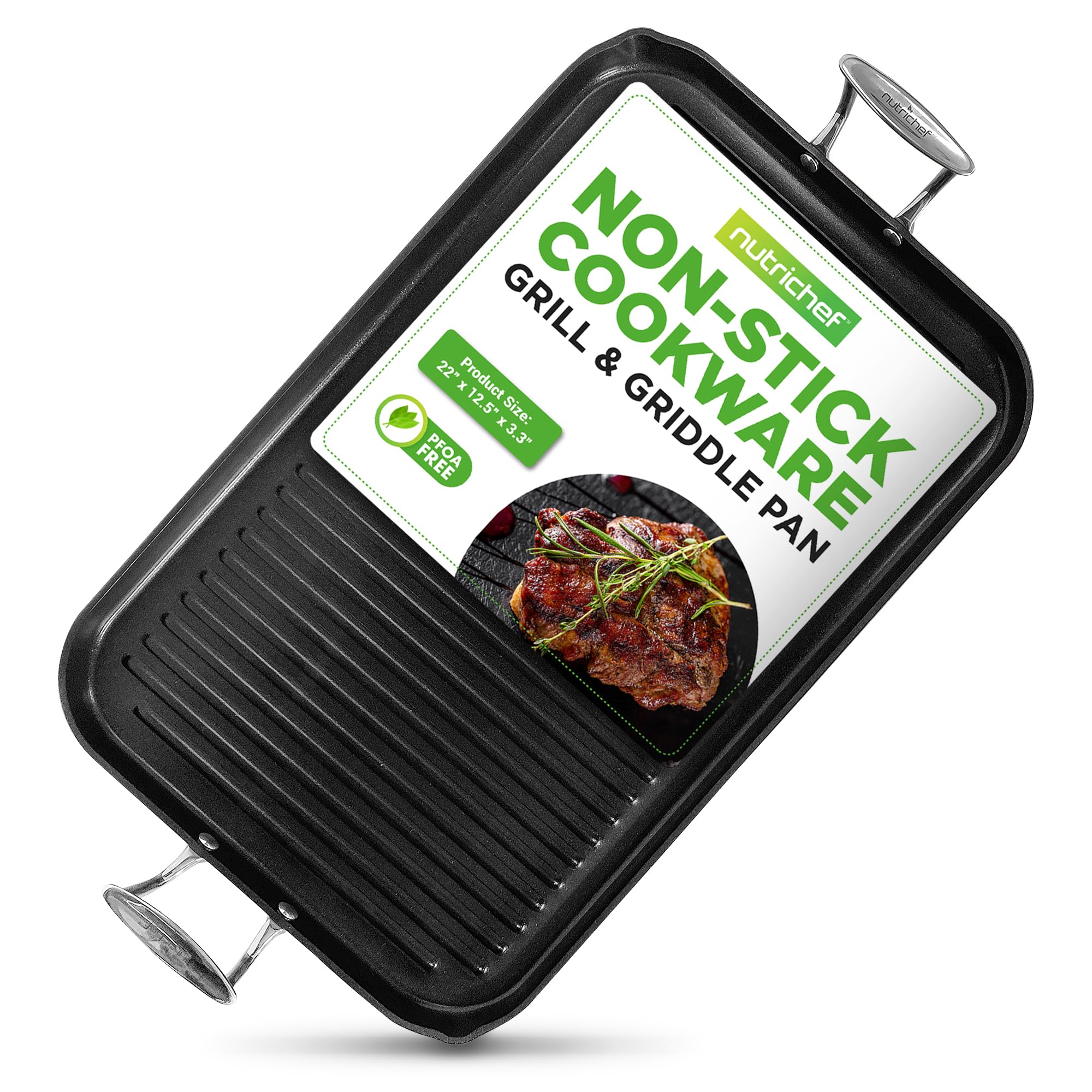Nutrichef 20''X13'' Stove Top Grill Pan - Double Burner, Hard-Anodized Non Stick Grill & Griddle Pan