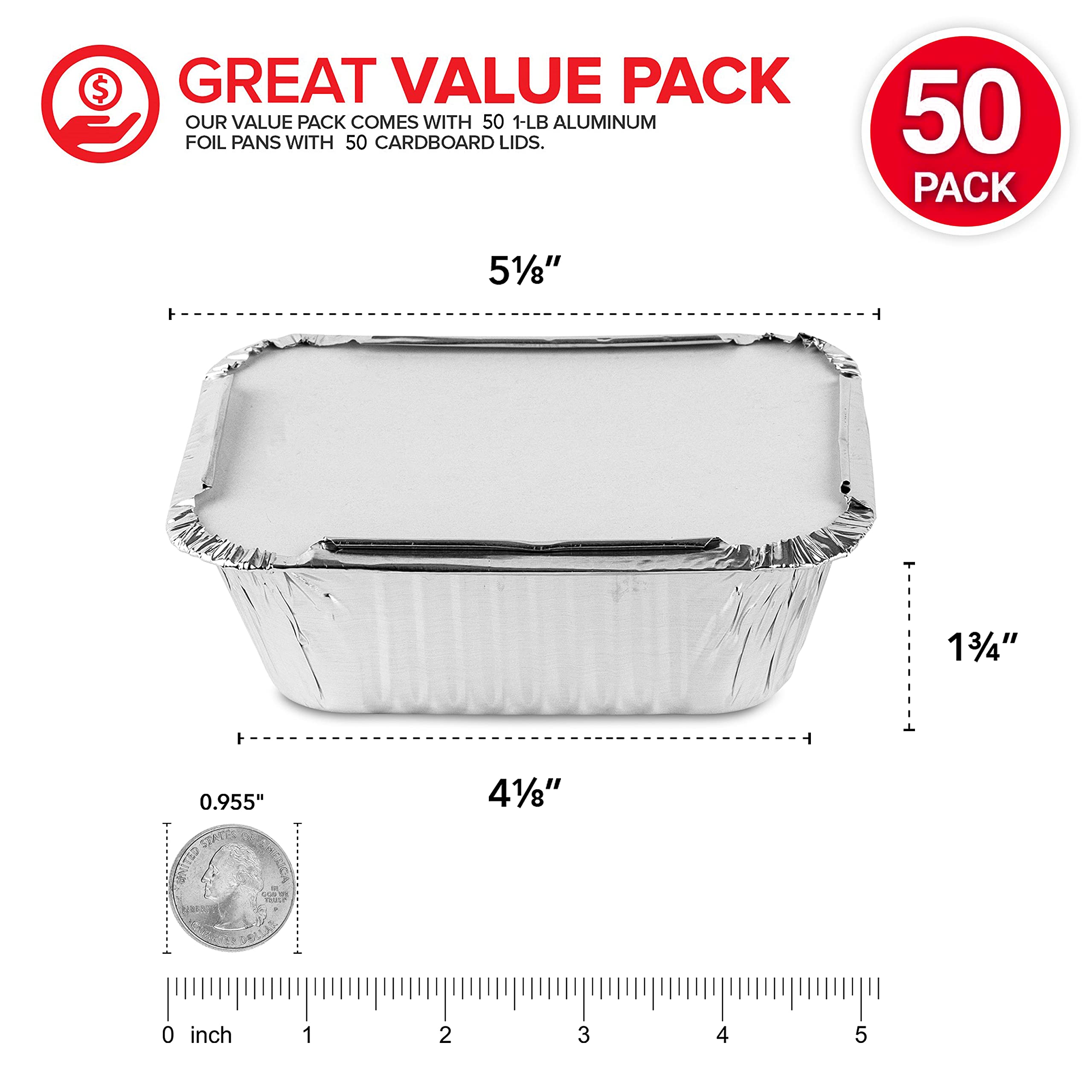 Small Aluminum Pans Take Out Containers (50 Pack) 50 Foil Oblong Pans And 50 Cardboard Lids - 1 Lb Tin Pans - Disposable Food St