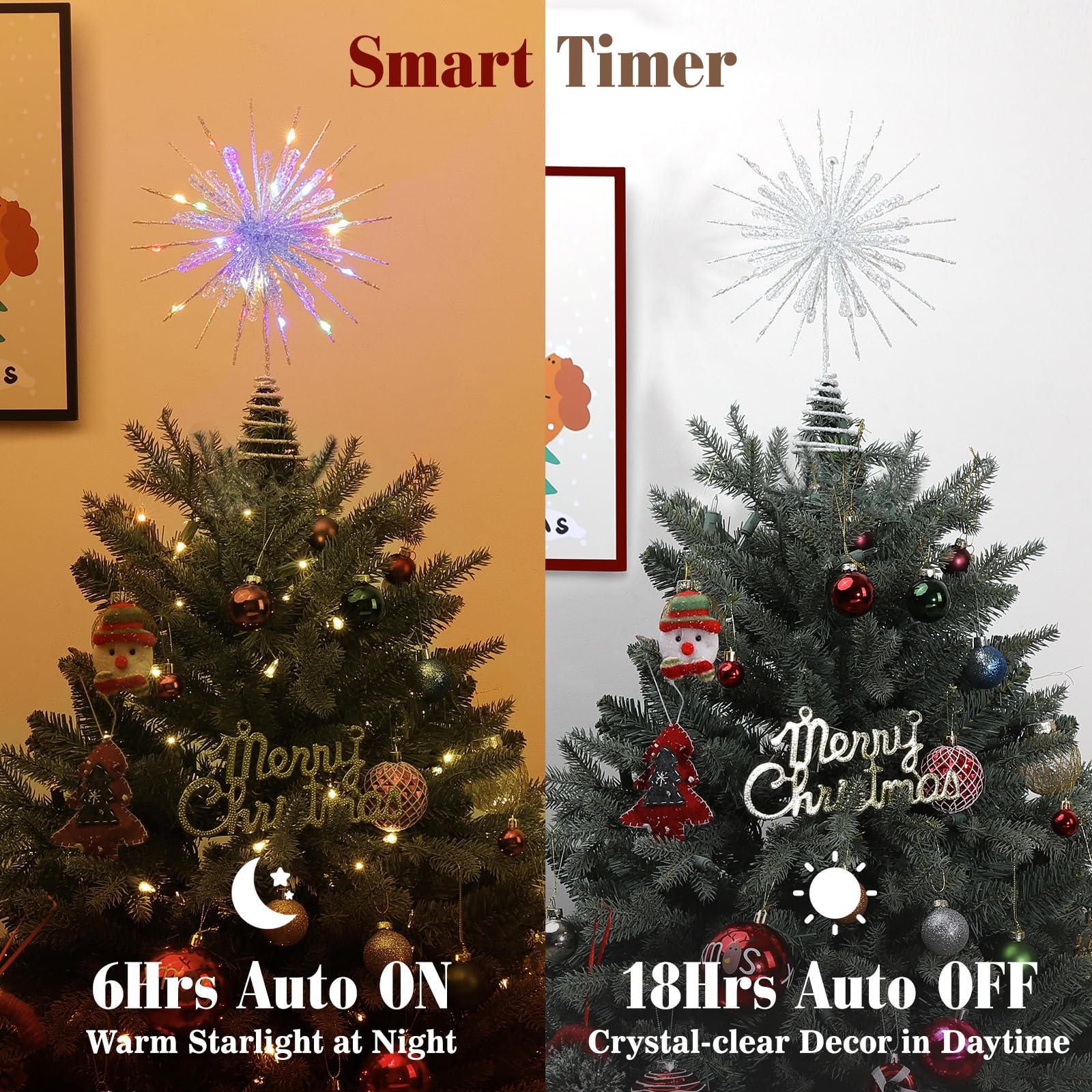 Lewondr Christmas Snowflake Tree Topper, 12.2in Xmas Tree Topper with Glittered Epoxy & 30 Colorful LED, Remote&USB Powered Snow