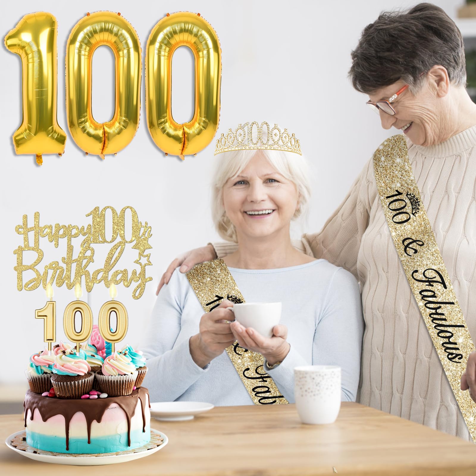 100Th Birthday Decorations Women Gold Include 100Th Birthday Crown And Sash, Gold 100Th Birthday Candles And Cake Topper, Big Go