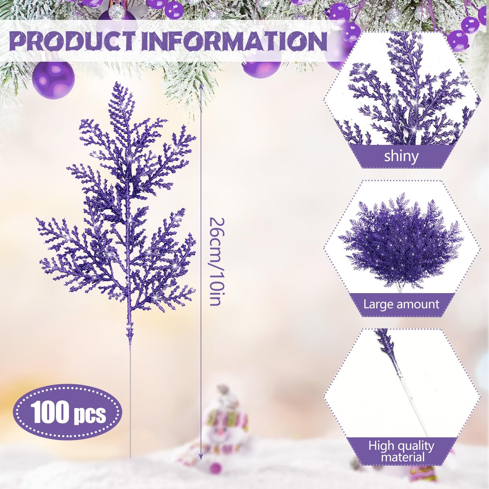 Cindeer 100 Pcs Christmas Tree Picks Sprays 10.24 Inch Glitter Artificial Pine Leaves Cedar Stems Faux Pine Needles Greenery Ced