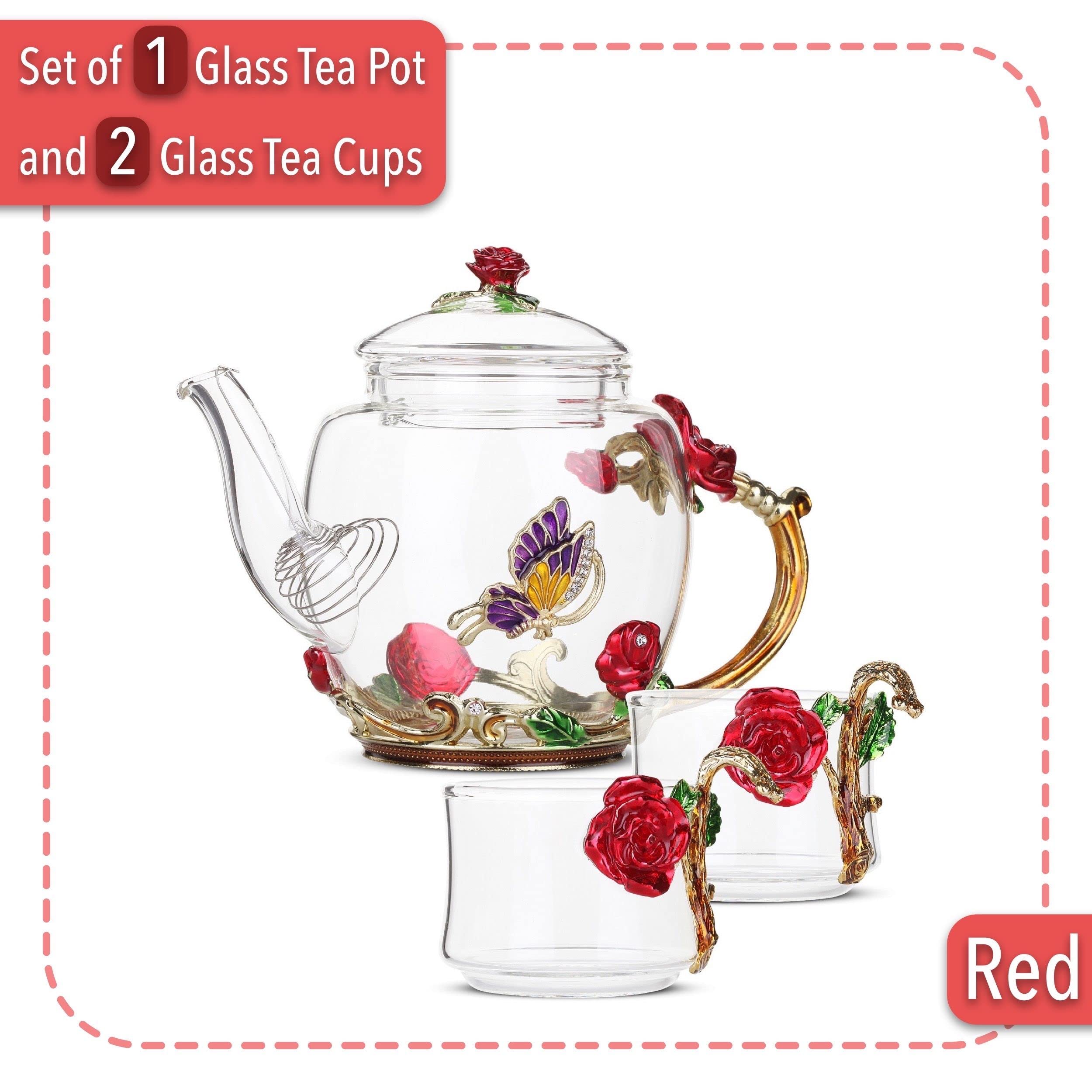 Btat- Floral Glass Tea Set, 2 Fancy Cups, 2 Oz, Tea Pot Glass, 13 Oz, Tea Pot, Glass Teapot, Small Glass Tea Set For Adults, Gla